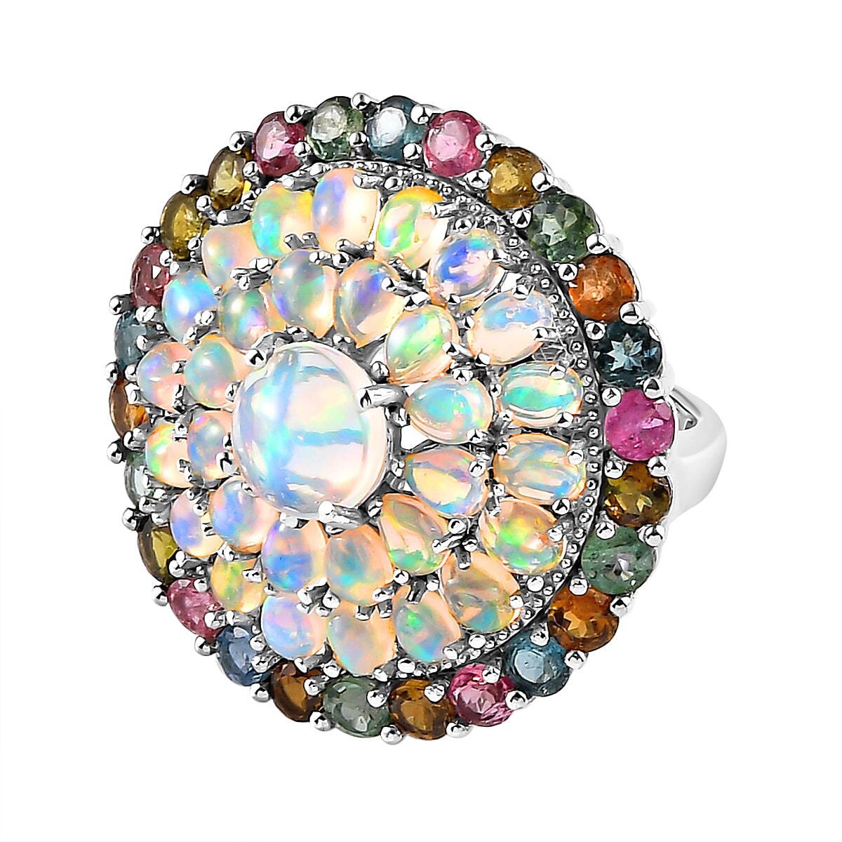 Ethiopian Welo Opal and Multi Tourmaline Cluster Ring in Platinum Overlay Sterling Silver 7.30 Ct 7159959 0