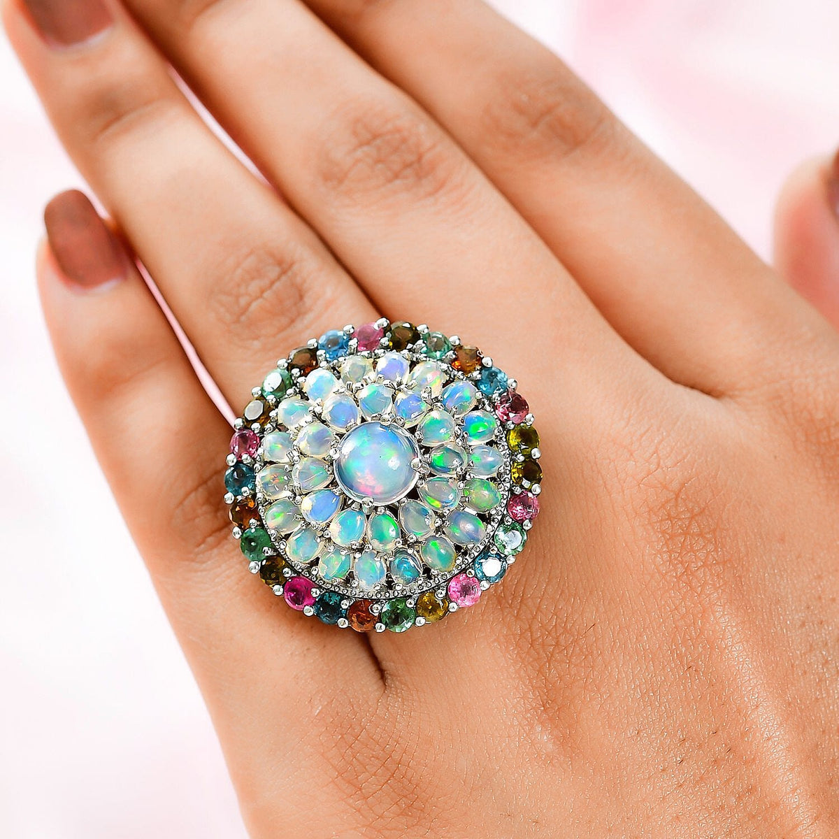 Ethiopian Welo Opal and Multi Tourmaline Cluster Ring in Platinum Overlay Sterling Silver 7.30 Ct 7159959 2