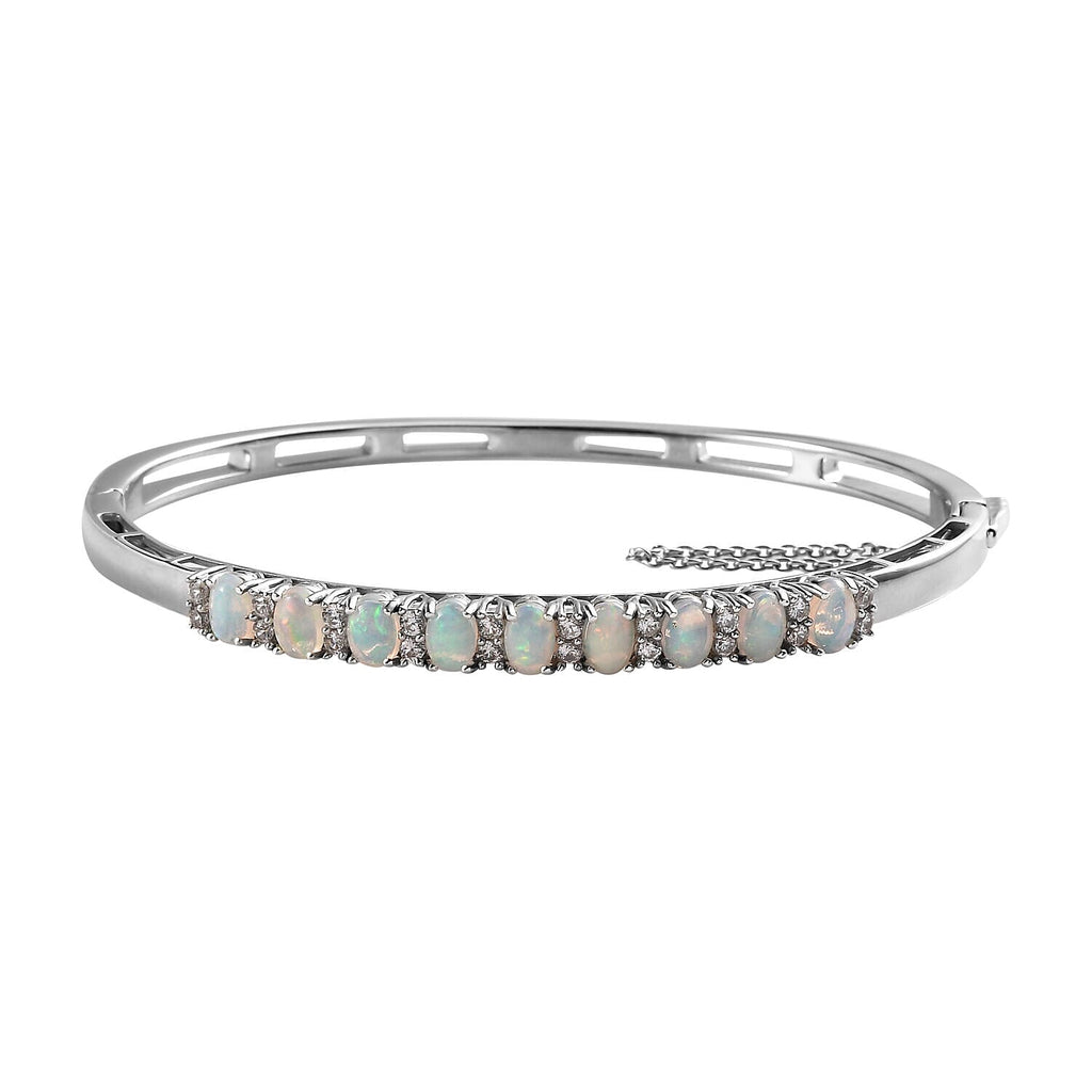 Ethiopian Welo Opal and Natural Zircon Bangle (Size 7.5) in Platinum Overlay Sterling Silver 3.58 Ct, Silver Wt. 15.55 Gms.