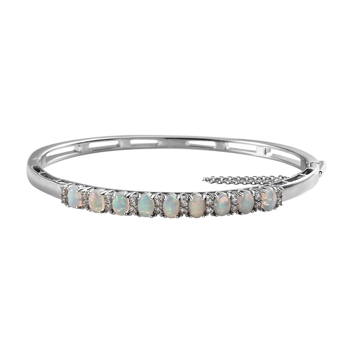 Ethiopian Welo Opal and Natural Zircon Bangle (Size 7.5) in Platinum Overlay Sterling Silver 3.58 Ct, Silver Wt. 15.55 Gms. 7194583 0