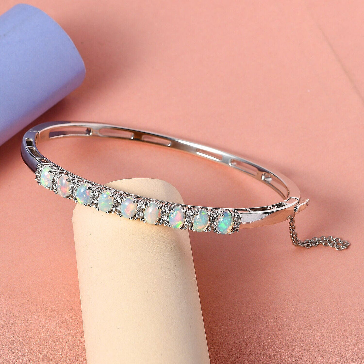Ethiopian Welo Opal and Natural Zircon Bangle (Size 7.5) in Platinum Overlay Sterling Silver 3.58 Ct, Silver Wt. 15.55 Gms. 7194583 2