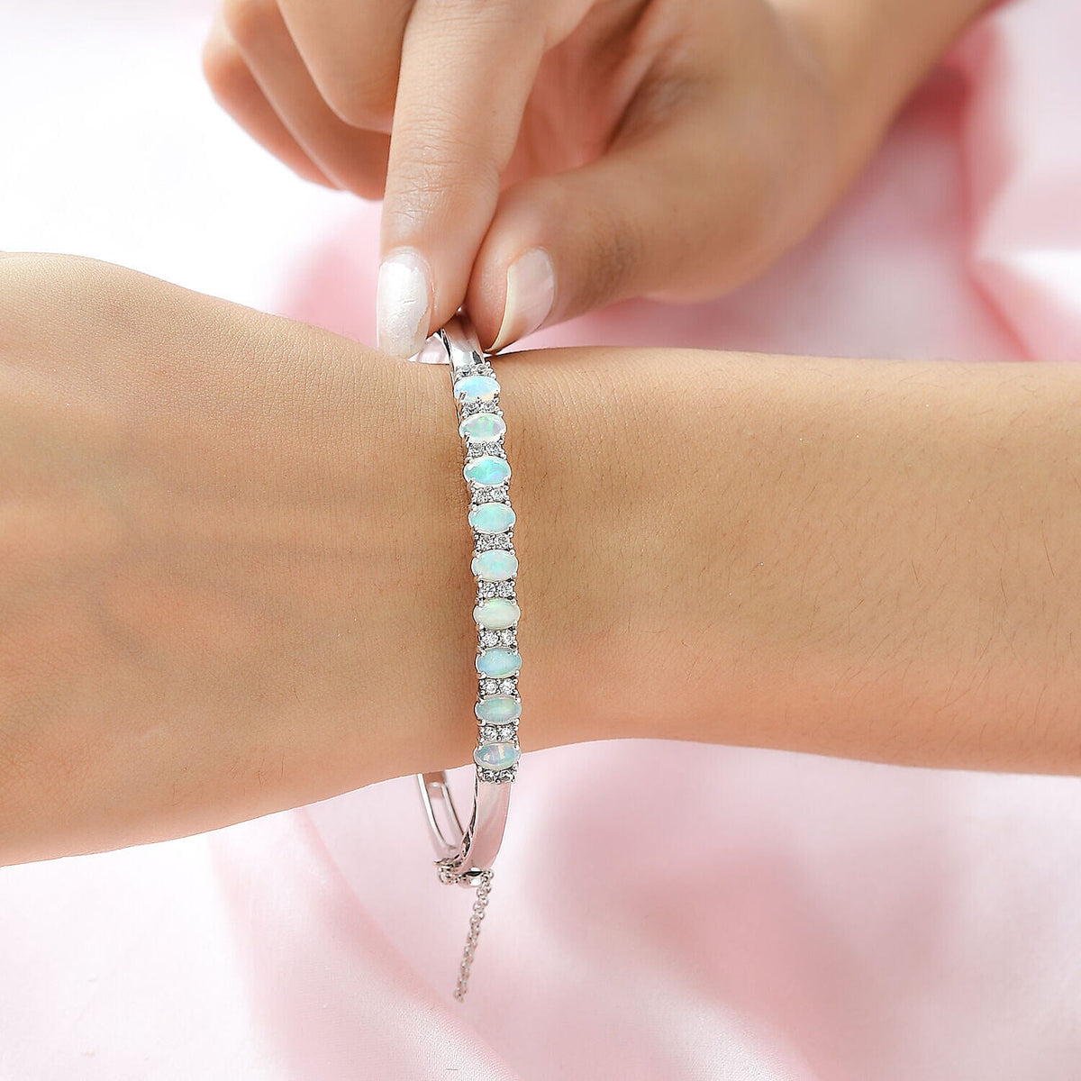Ethiopian Welo Opal and Natural Zircon Bangle (Size 7.5) in Platinum Overlay Sterling Silver 3.58 Ct, Silver Wt. 15.55 Gms. 7194583 3