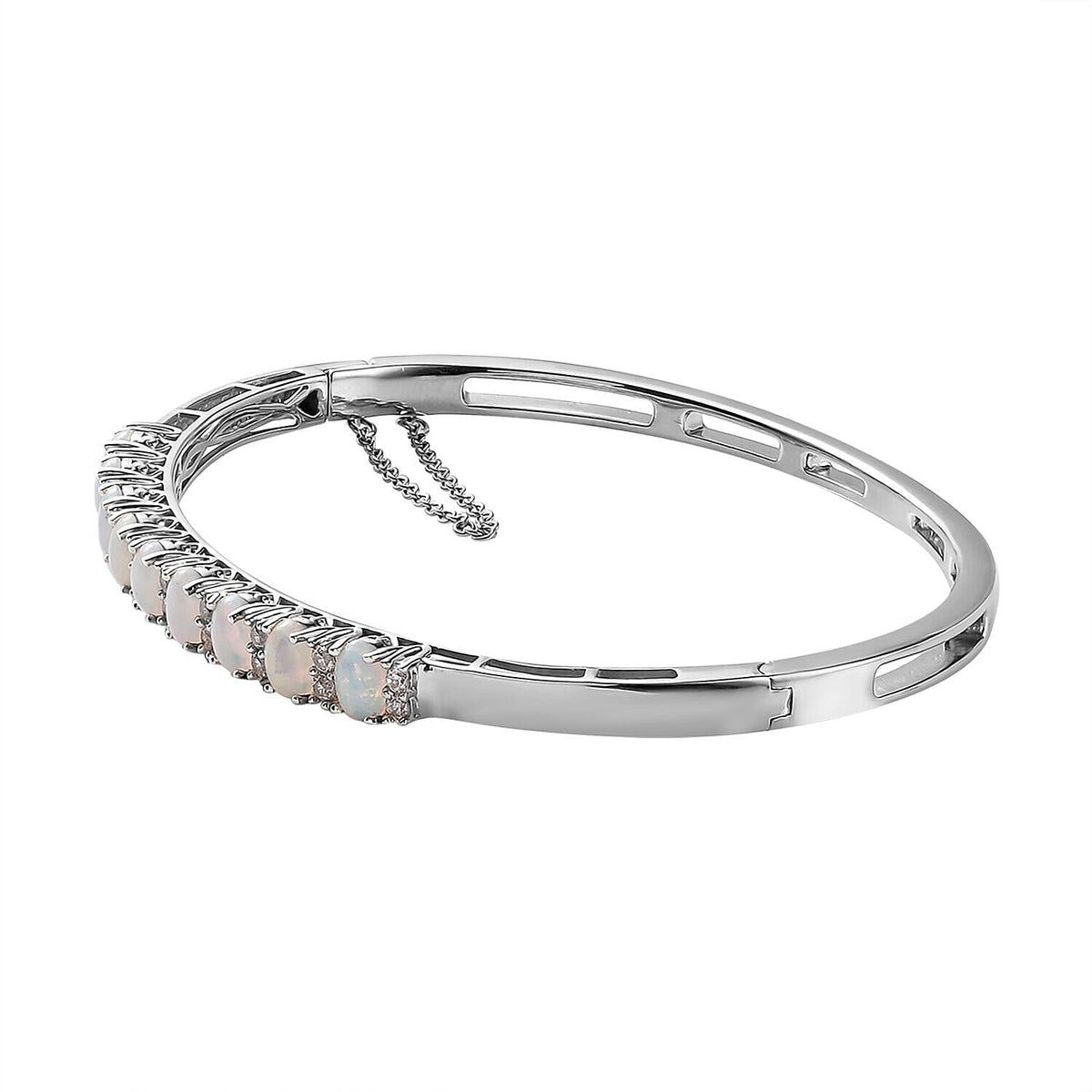 Ethiopian Welo Opal and Natural Zircon Bangle (Size 7.5) in Platinum Overlay Sterling Silver 3.58 Ct, Silver Wt. 15.55 Gms. 7194583 4