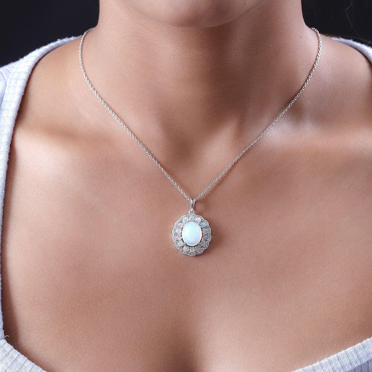 Ethiopian Welo Opal and Natural Zircon Pendant with Chain in Sterling Silver 4.51 Ct, Silver Wt. 6.19 Gms 4203555 2
