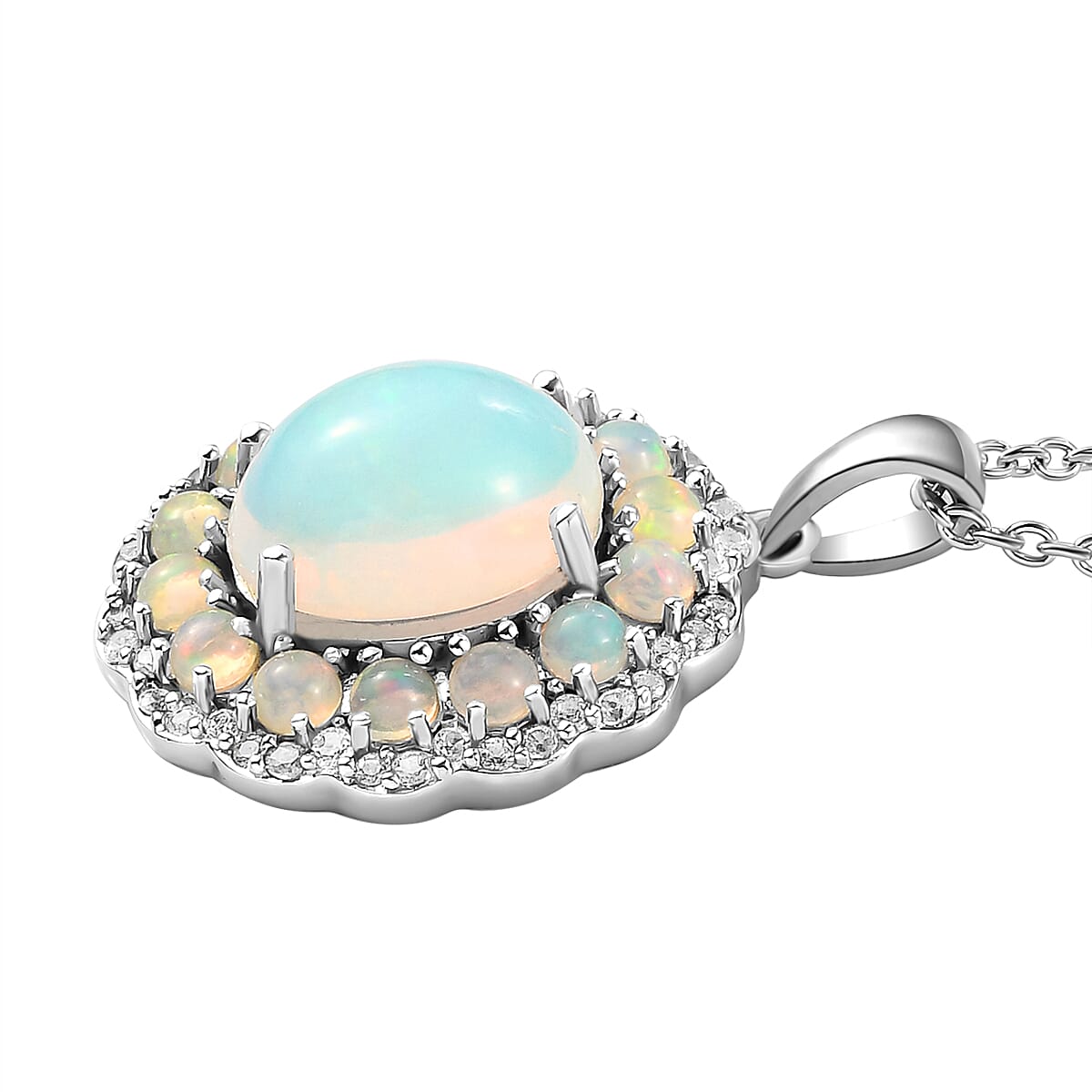 Ethiopian Welo Opal and Natural Zircon Pendant with Chain in Sterling Silver 4.51 Ct, Silver Wt. 6.19 Gms 4203555 4