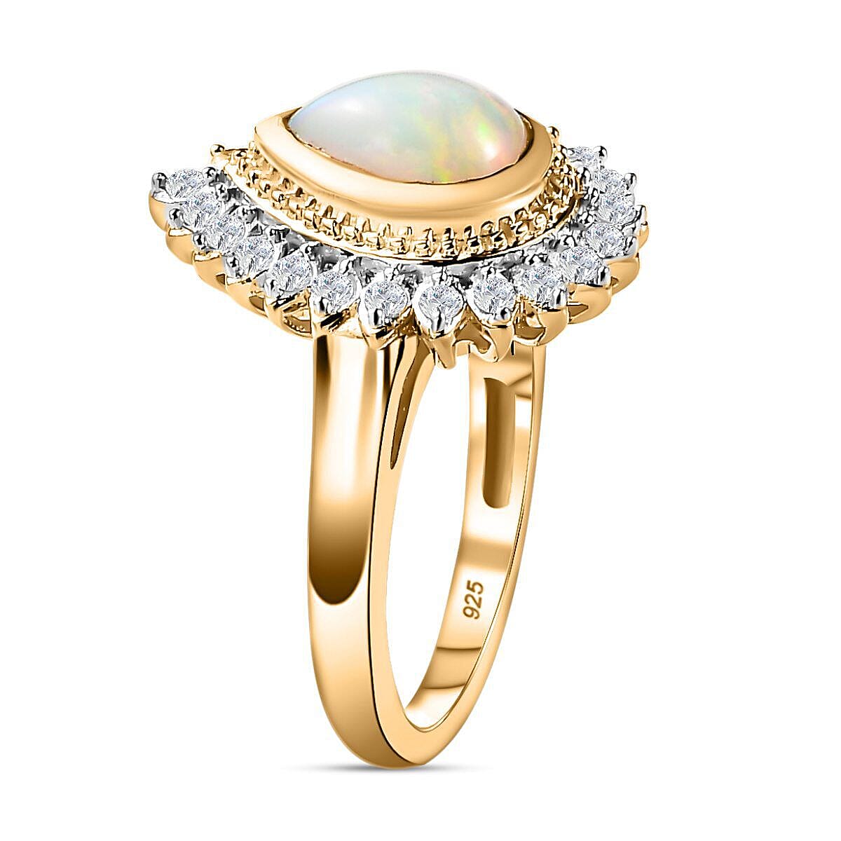 Ethiopian Welo Opal and Natural Zircon Ring in 18K Yellow Gold Vermeil Plated Sterling Silver 1.92 Ct 7380571 7