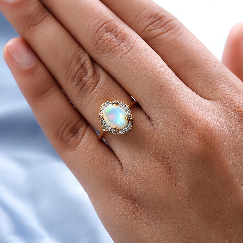Ethiopian Welo Opal and Natural Zircon Ring in 18K Yellow Gold Vermeil Plated Sterling Silver 2.12 Ct.