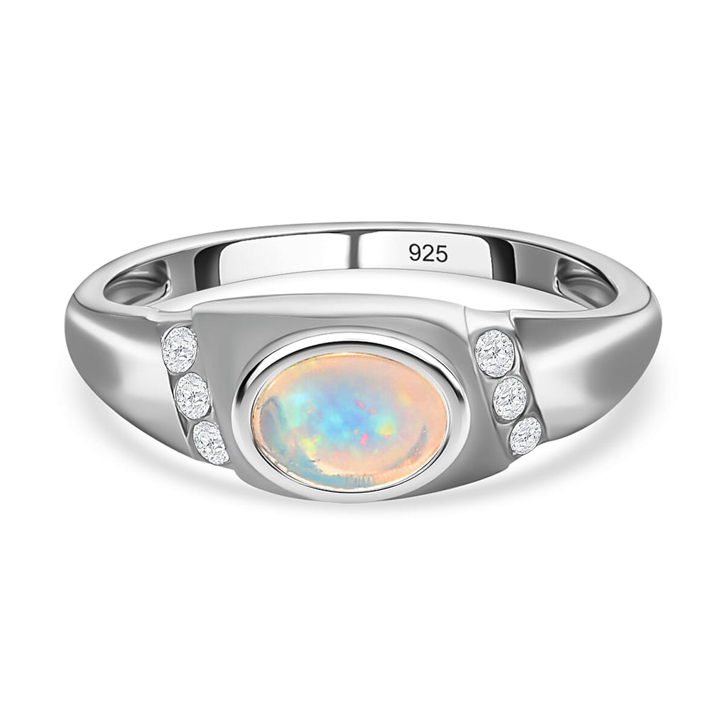 Ethiopian Welo Opal and Natural Cambodian Zircon Ring in Platinum Overlay Sterling Silver