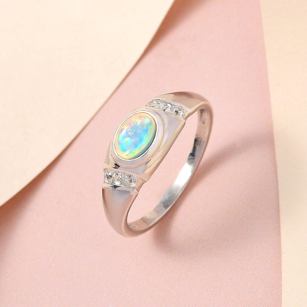 Ethiopian Welo Opal and Natural Cambodian Zircon Ring in Platinum Overlay Sterling Silver 7347191 1