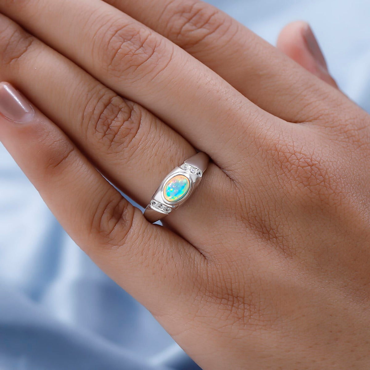 Ethiopian Welo Opal and Natural Cambodian Zircon Ring in Platinum Overlay Sterling Silver 7347191 2