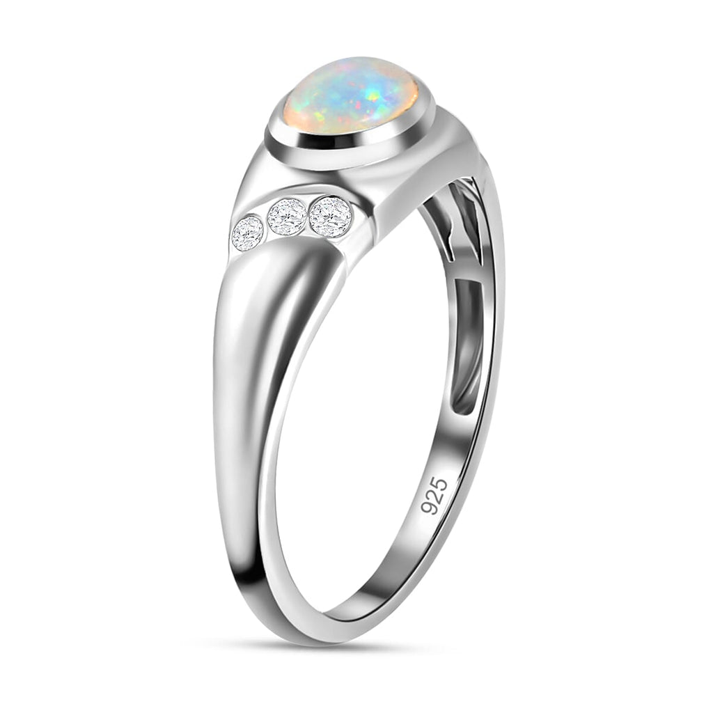 Ethiopian Welo Opal and Natural Cambodian Zircon Ring in Platinum Overlay Sterling Silver
