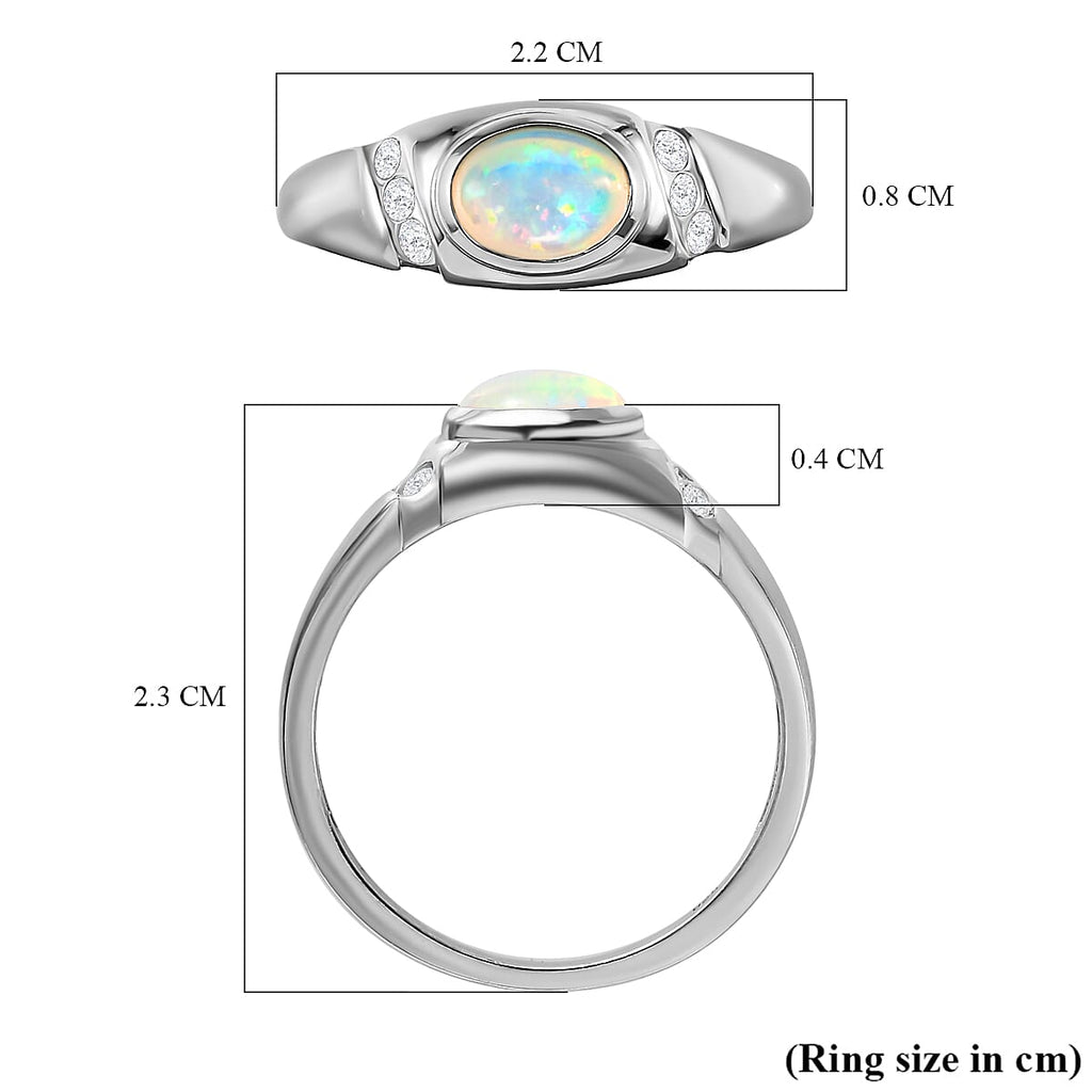 Ethiopian Welo Opal and Natural Cambodian Zircon Ring in Platinum Overlay Sterling Silver