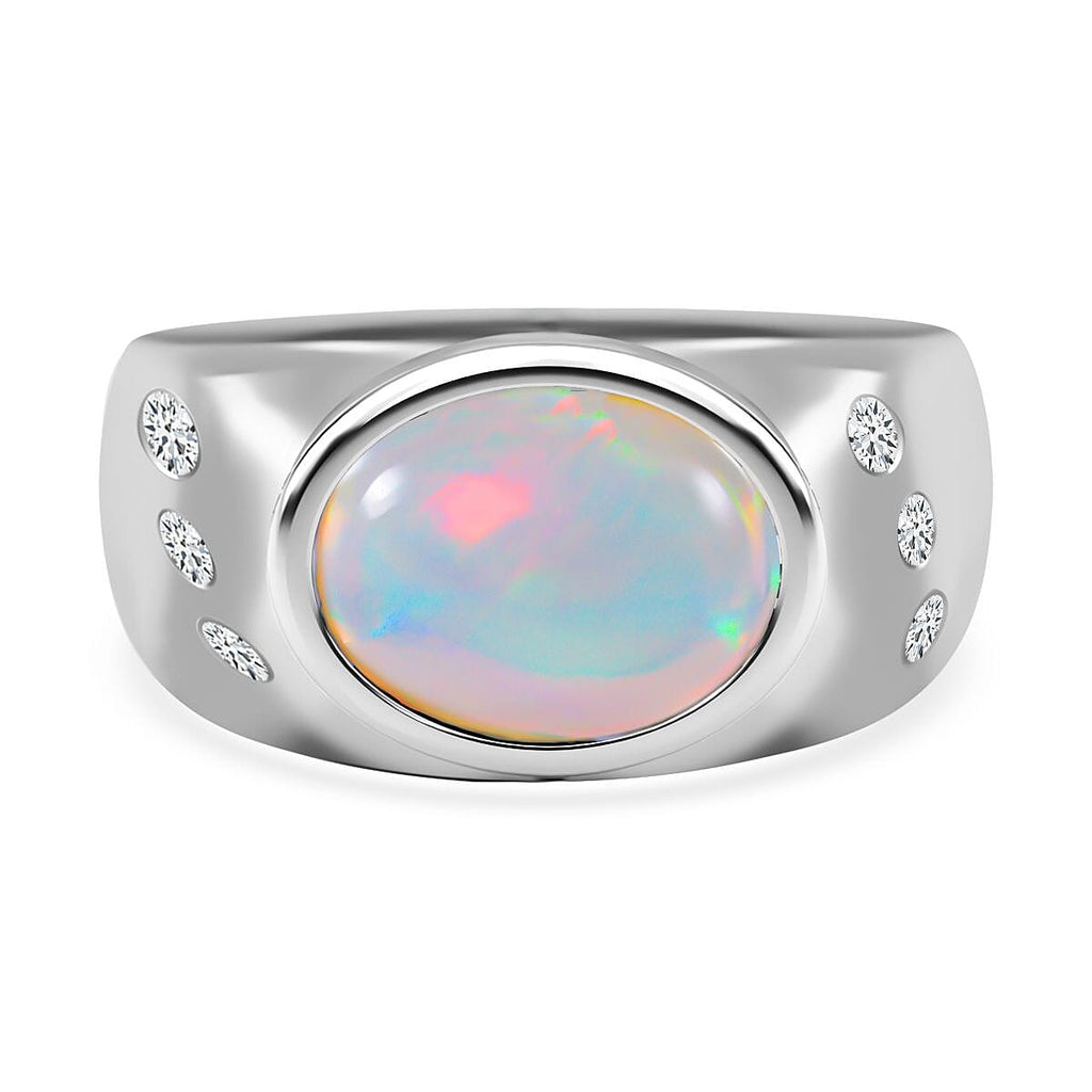 Ethiopian Welo Opal and Natural Zircon Ring in Rhodium Overlay Sterling Silver 1.93 Ct, Silver Wt. 5 Gms