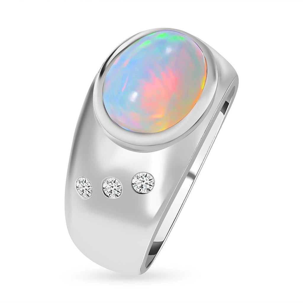 Ethiopian Welo Opal and Natural Zircon Ring in Rhodium Overlay Sterling Silver 1.93 Ct, Silver Wt. 5 Gms