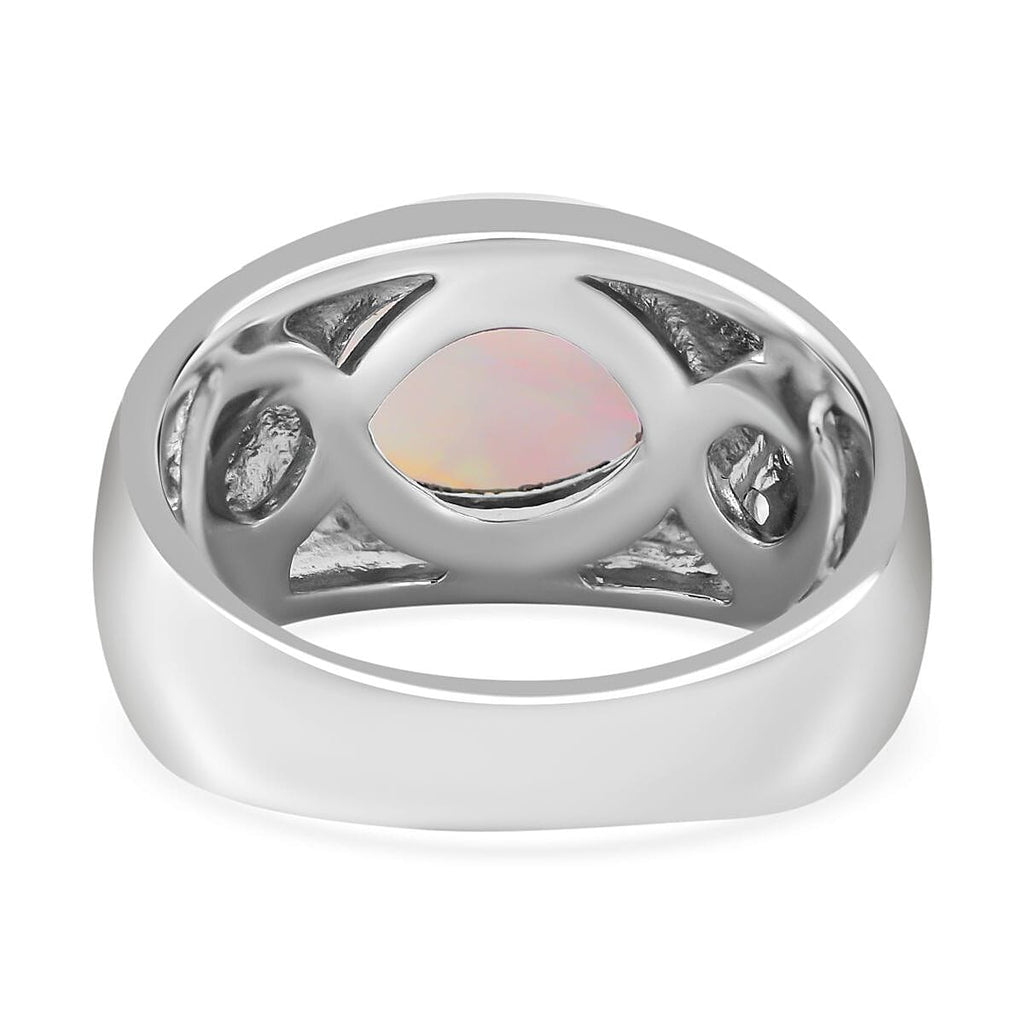 Ethiopian Welo Opal and Natural Zircon Ring in Rhodium Overlay Sterling Silver 1.93 Ct, Silver Wt. 5 Gms