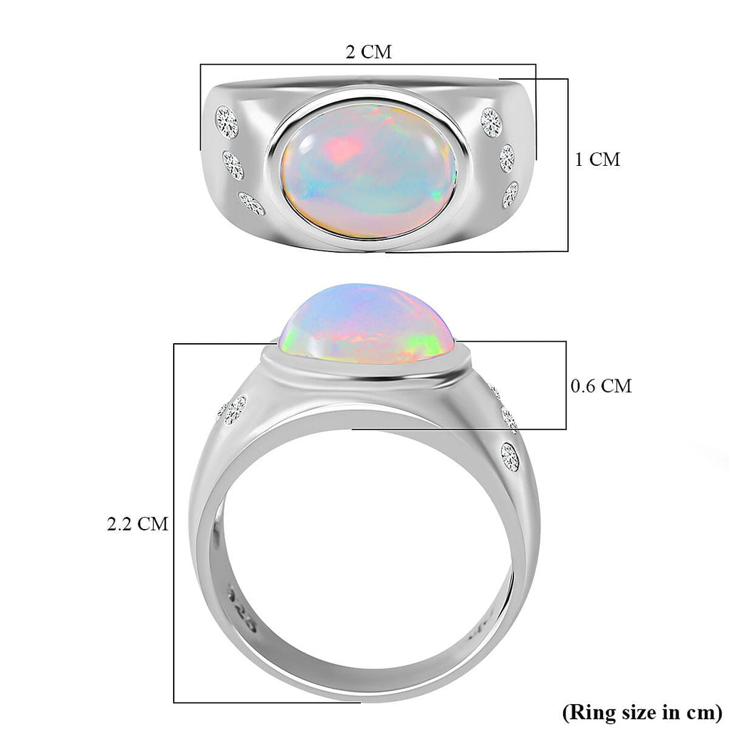 Ethiopian Welo Opal and Natural Zircon Ring in Rhodium Overlay Sterling Silver 1.93 Ct, Silver Wt. 5 Gms