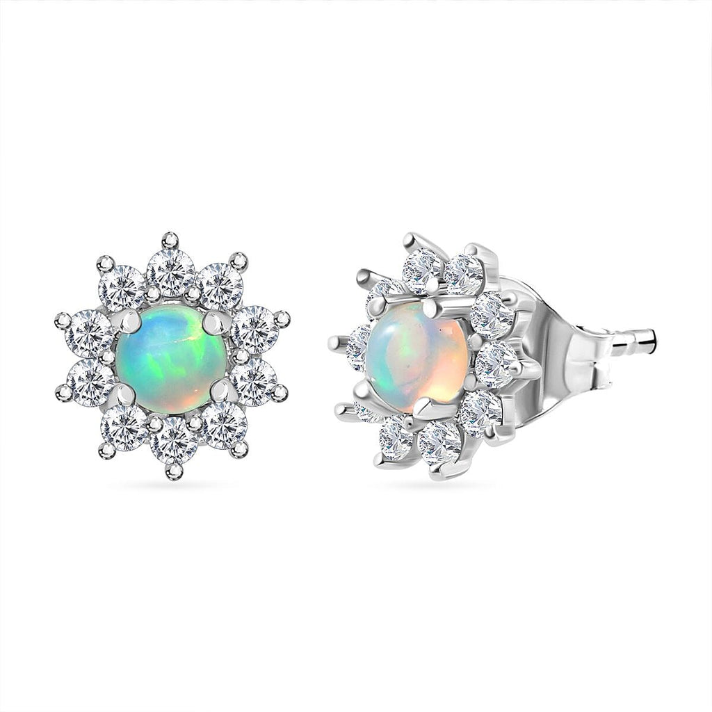 Ethiopian Welo Opal and Natural Zircon Floral Stud Earrings in Sterling Silver