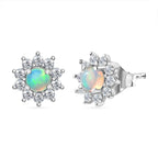 Ethiopian Welo Opal and Natural Zircon Floral Stud Earrings in Sterling Silver