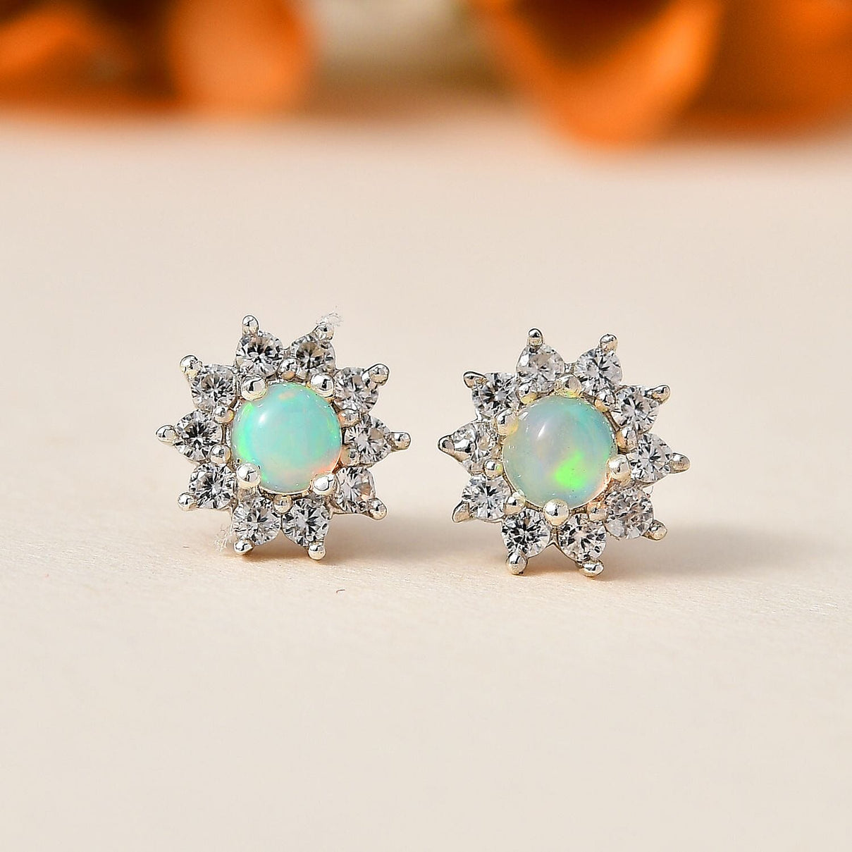 Ethiopian Welo Opal and Natural Zircon Floral Stud Earrings in Sterling Silver 7710939 1