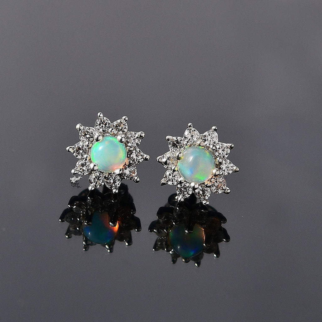 Ethiopian Welo Opal and Natural Zircon Floral Stud Earrings in Sterling Silver