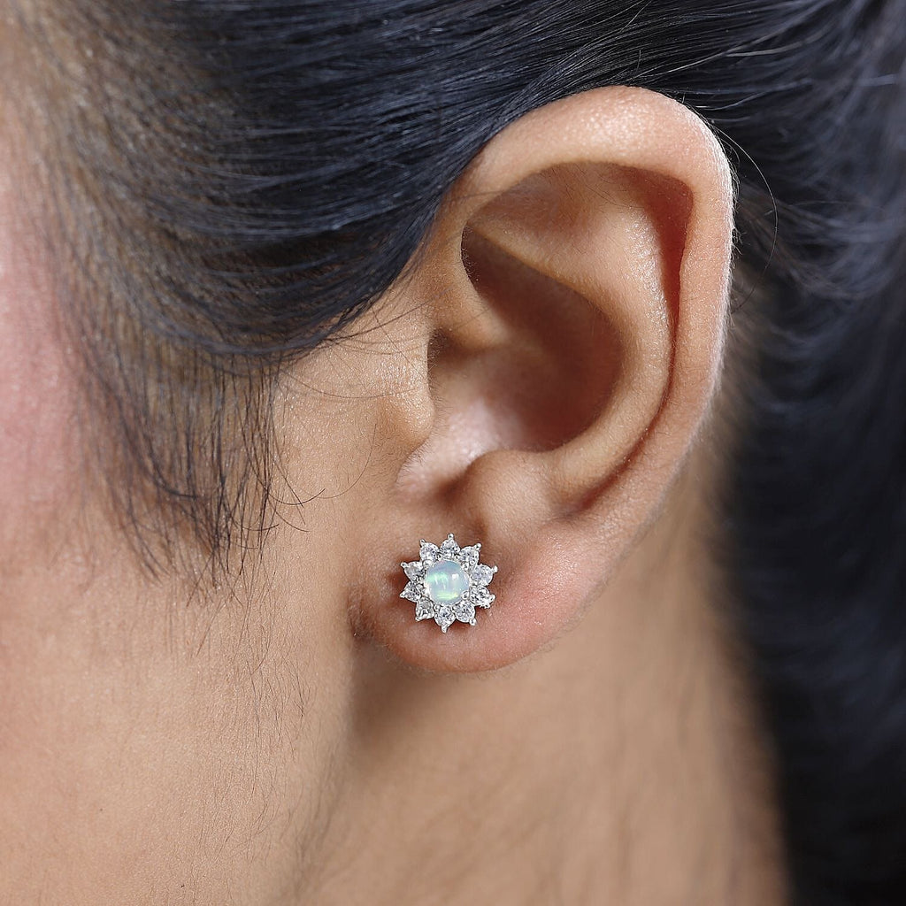 Ethiopian Welo Opal and Natural Zircon Floral Stud Earrings in Sterling Silver