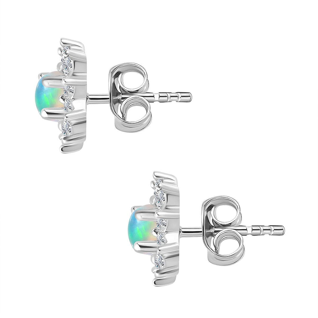 Ethiopian Welo Opal and Natural Zircon Floral Stud Earrings in Sterling Silver