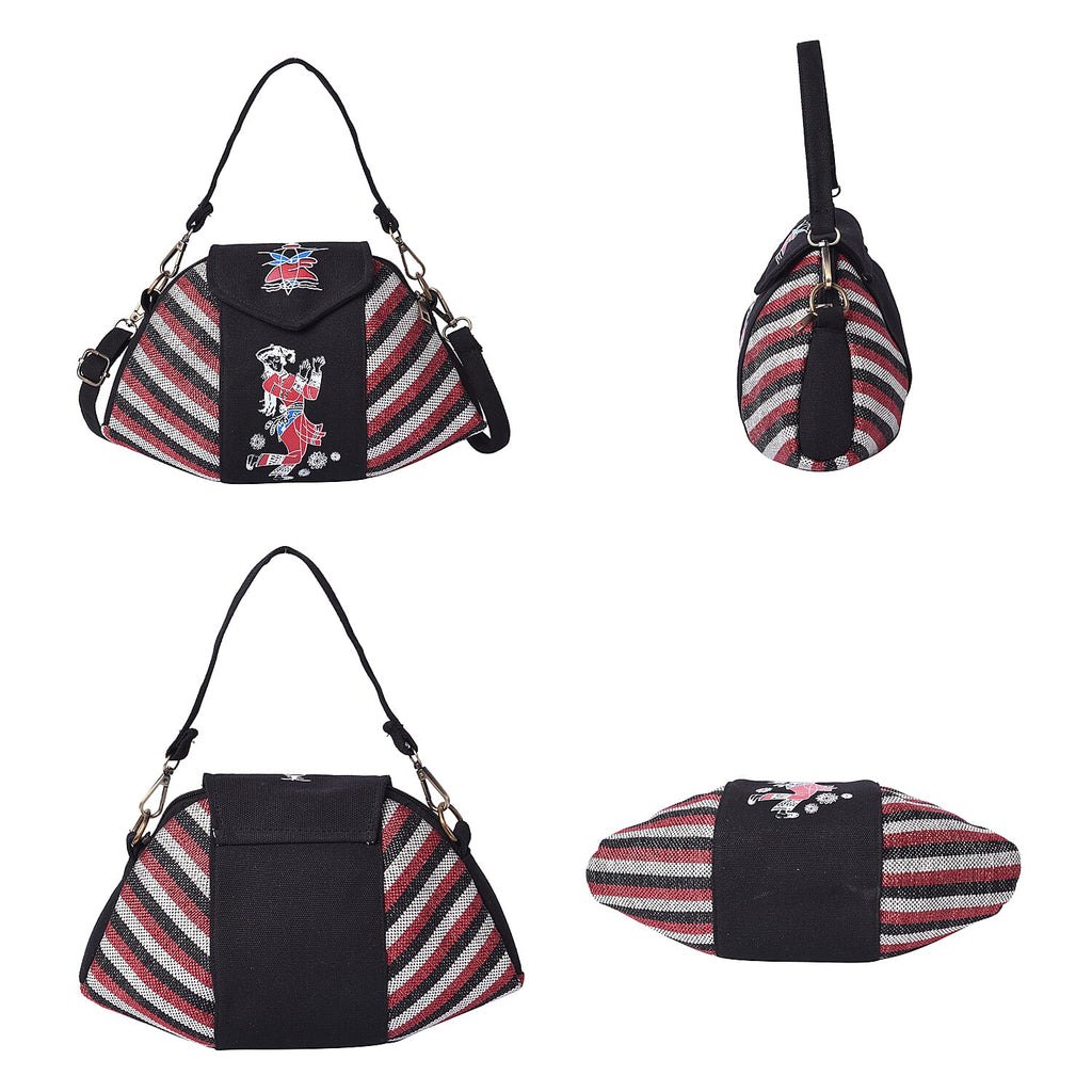 Ethnic Bag Collection - Classic Style Striped Tote Bag with Adjustable Shoulder Starp - Black and Multi