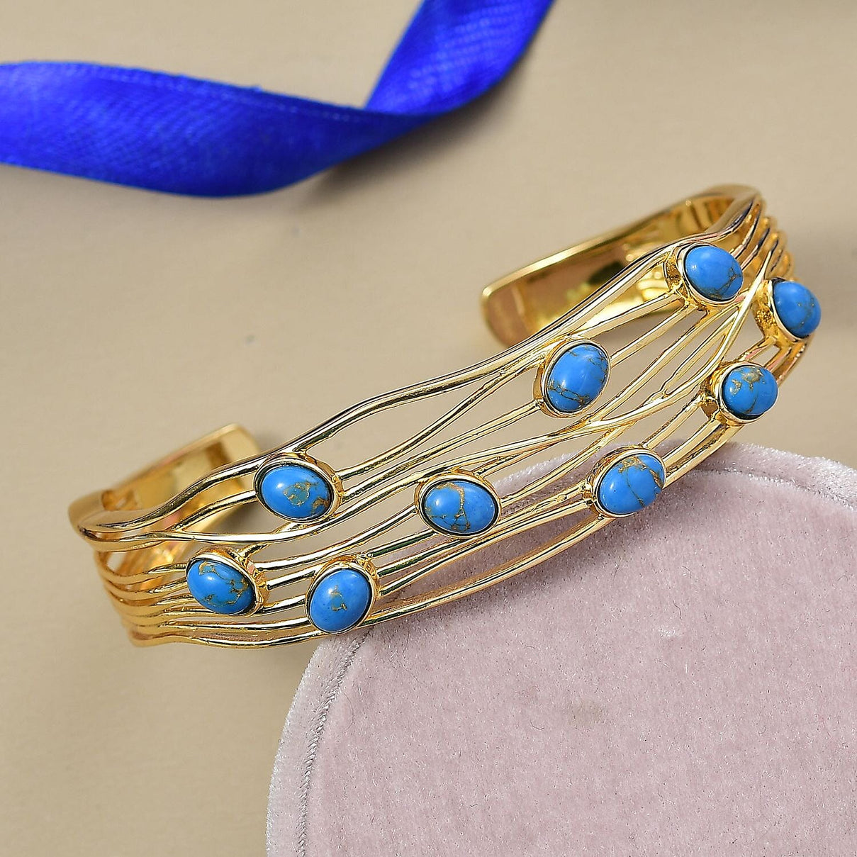 EverTrue Blue Turquoise Cuff Bangle (Size - 7.5) in Yellow Gold Plated 6.20 Ct. 8179531 2