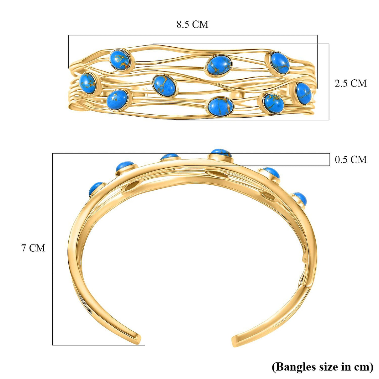 EverTrue Blue Turquoise Cuff Bangle (Size - 7.5) in Yellow Gold Plated 6.20 Ct. 8179531 6