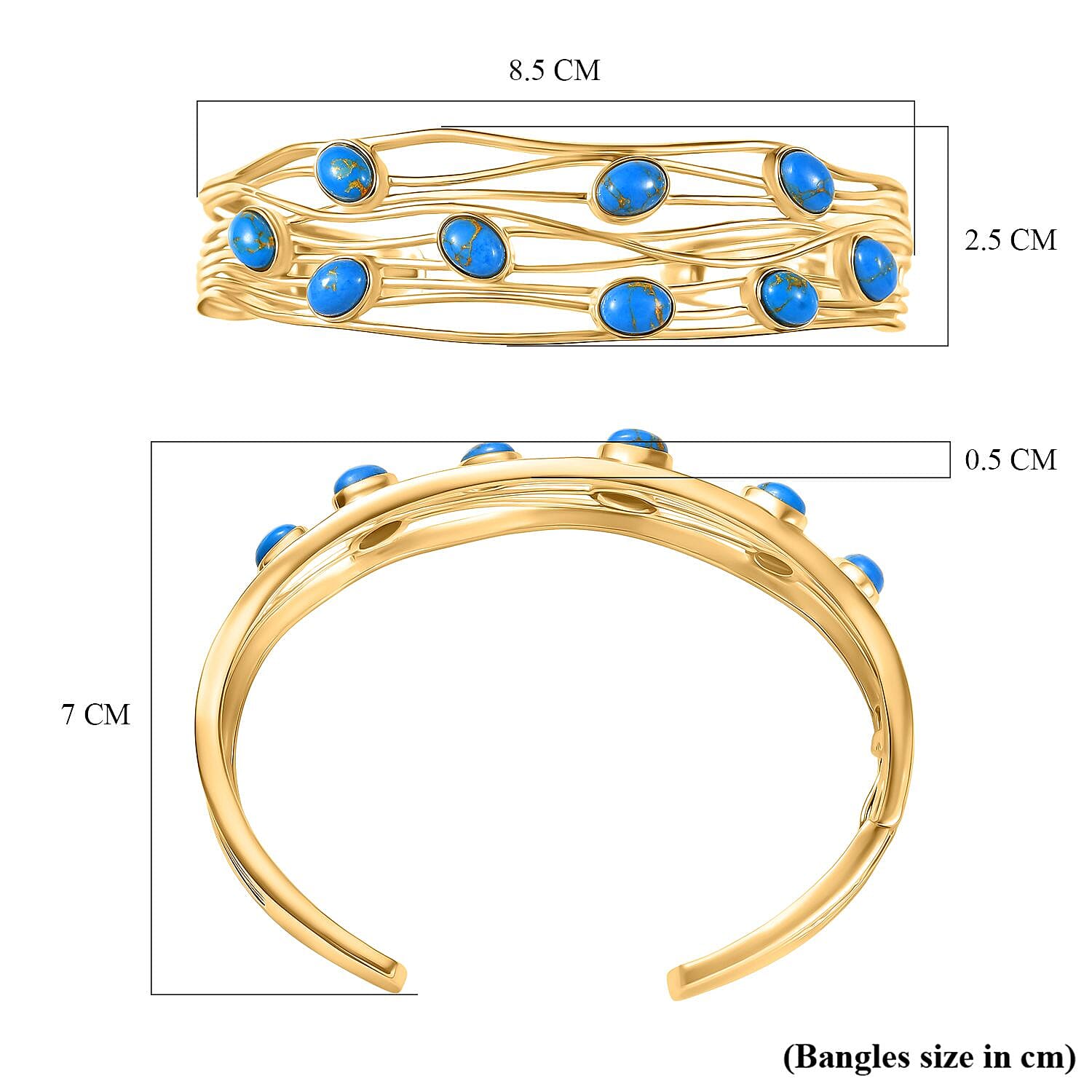 EverTrue Blue Turquoise Cuff Bangle (Size - 7.5) in Yellow Gold Plated 6.20 Ct. 8179531 6