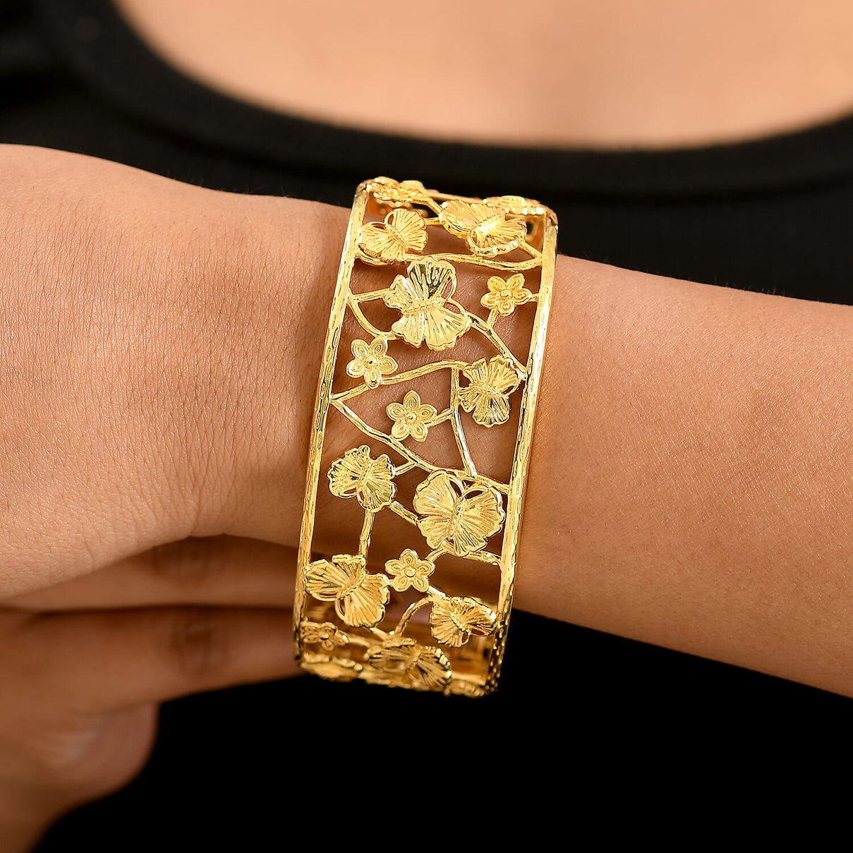 EverTrue Butterfly &amp; Floral Openwork Cuff Bangle (Size - 7.5) in Yellow Gold Tone 8216017 3