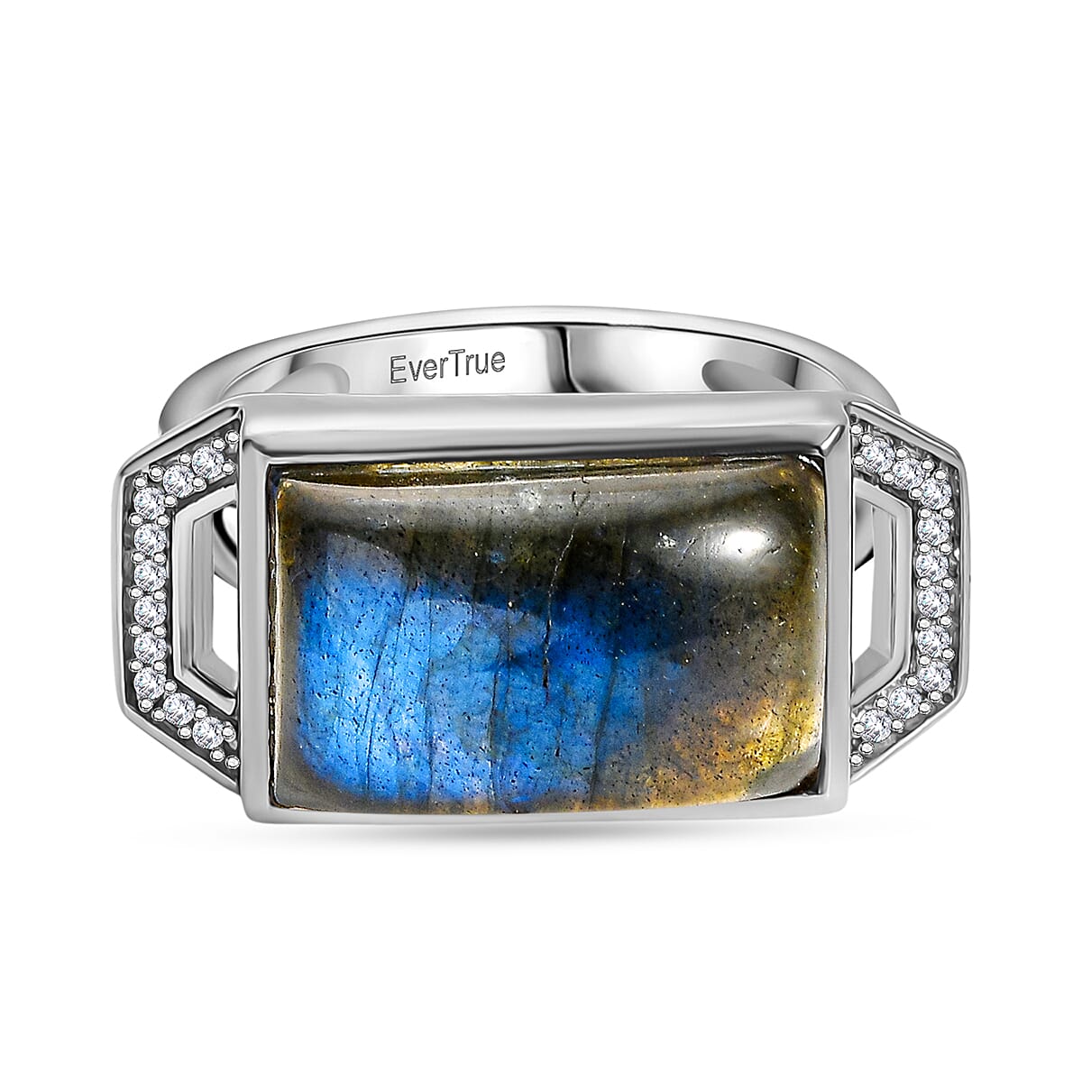 AAA Natural Labradorite &amp; White Zircon Solitaire Ring in White Plating 6.54 Ct. 8182829 0