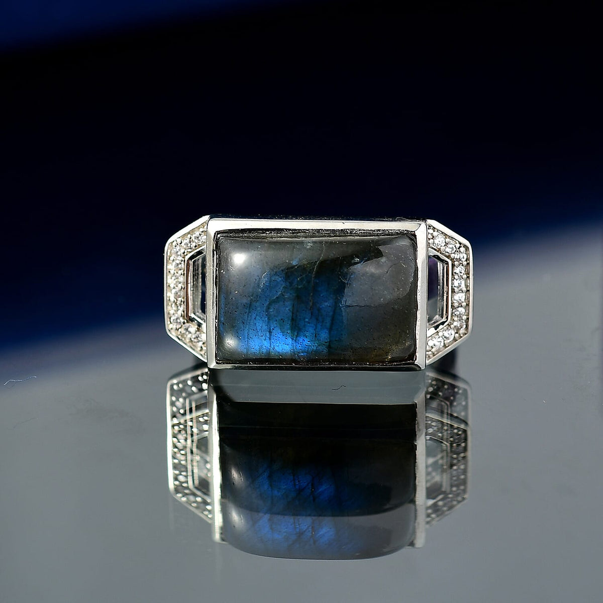 AAA Natural Labradorite &amp; White Zircon Solitaire Ring in White Plating 6.54 Ct. 8182829 1