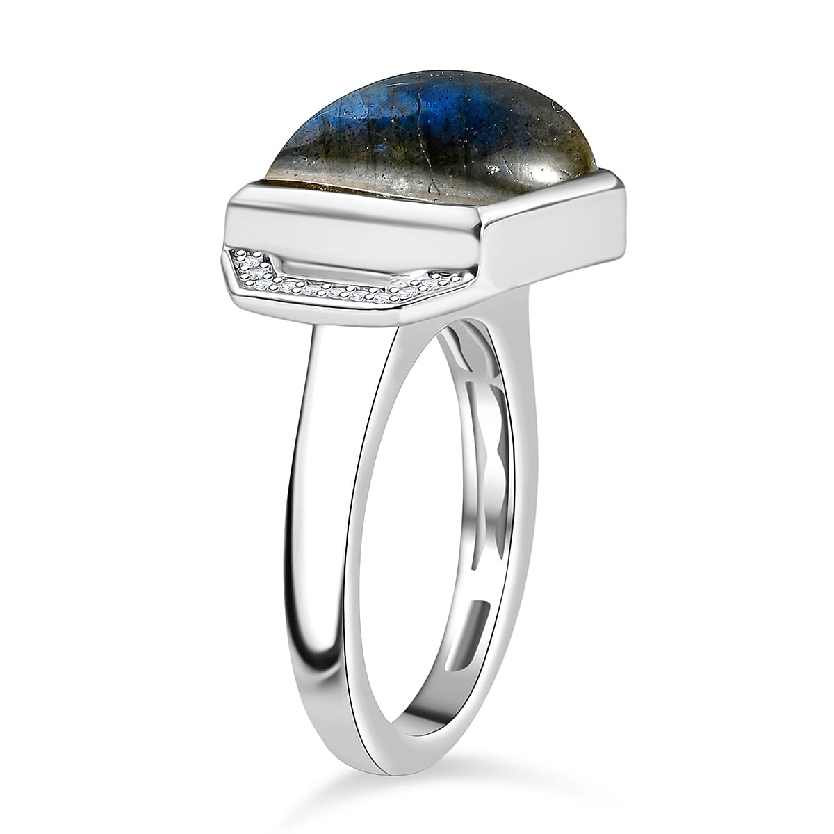 AAA Natural Labradorite &amp; White Zircon Solitaire Ring in White Plating 6.54 Ct. 8182829 3