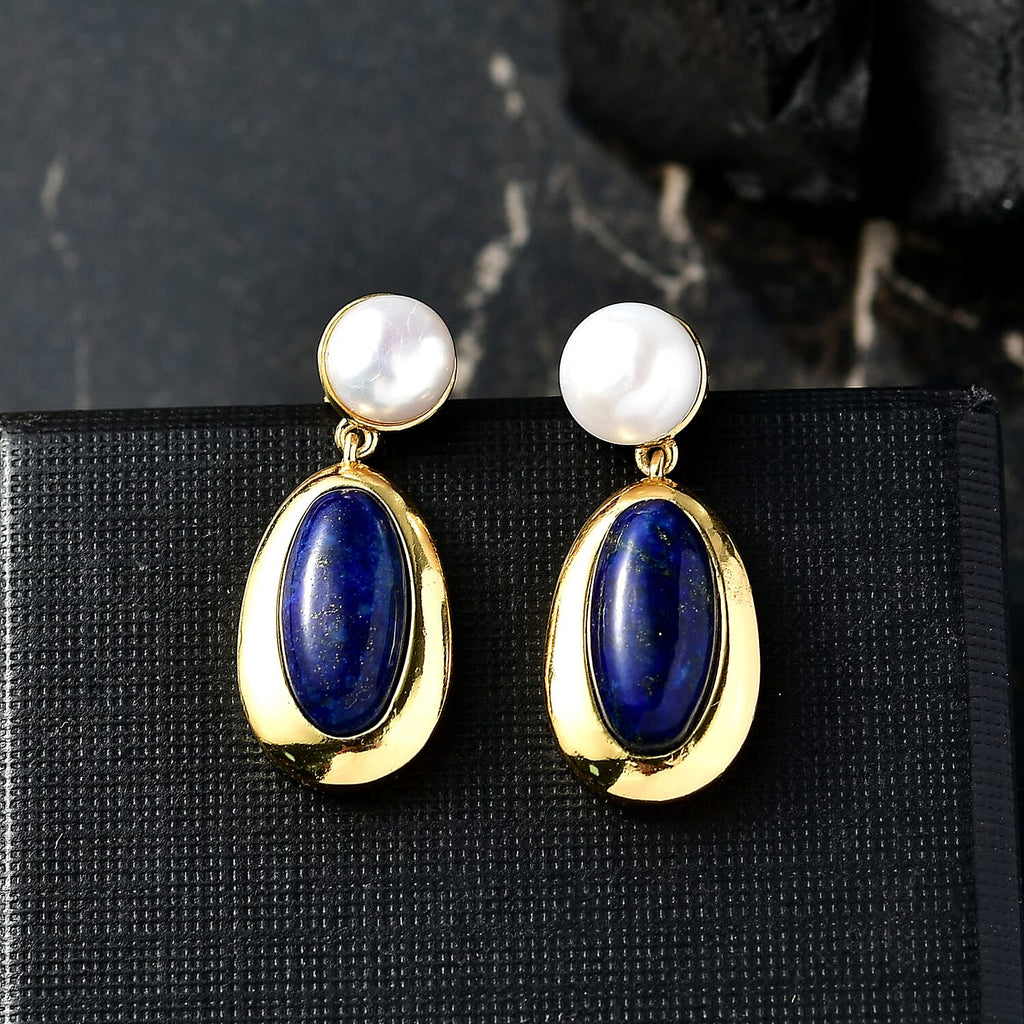 Natural Lapis Lazuli & Fresh Water Pearl Dangling Earring with Push Back 12.08 Ct.