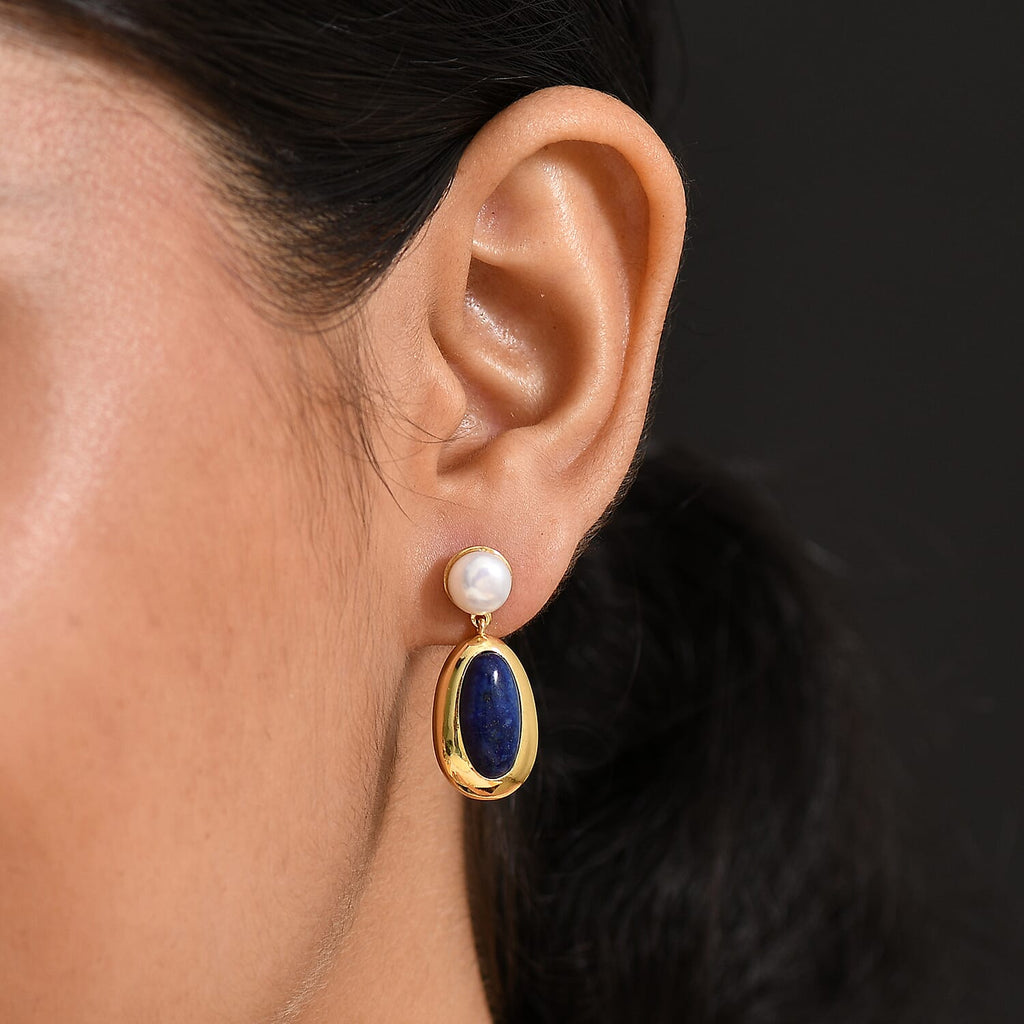 Natural Lapis Lazuli & Fresh Water Pearl Dangling Earring with Push Back 12.08 Ct.