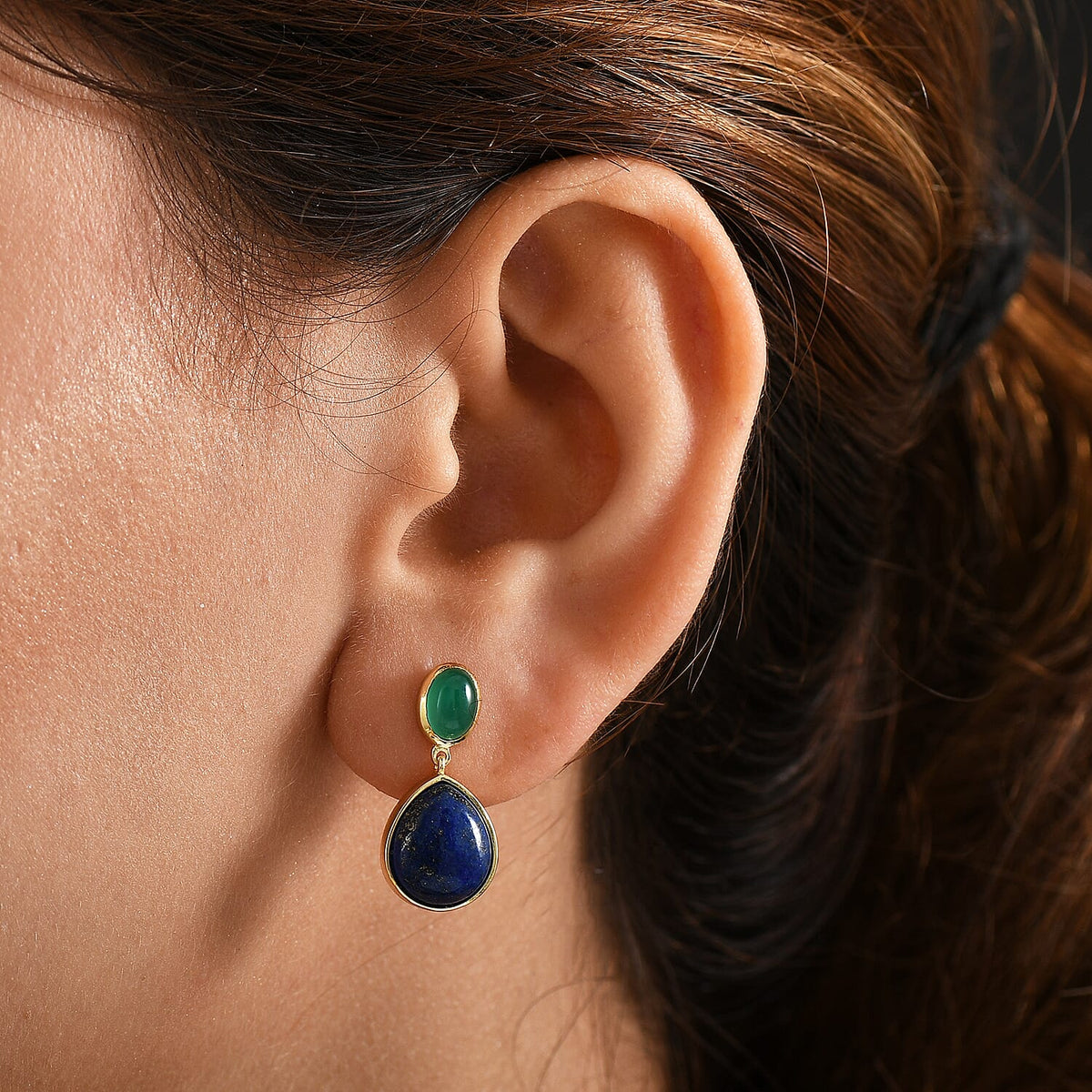 Lapis Lazuli &amp; Verde Onyx Stud Push Post Earring in Yellow Gold Plated 13.36 Ct. 8202492 3