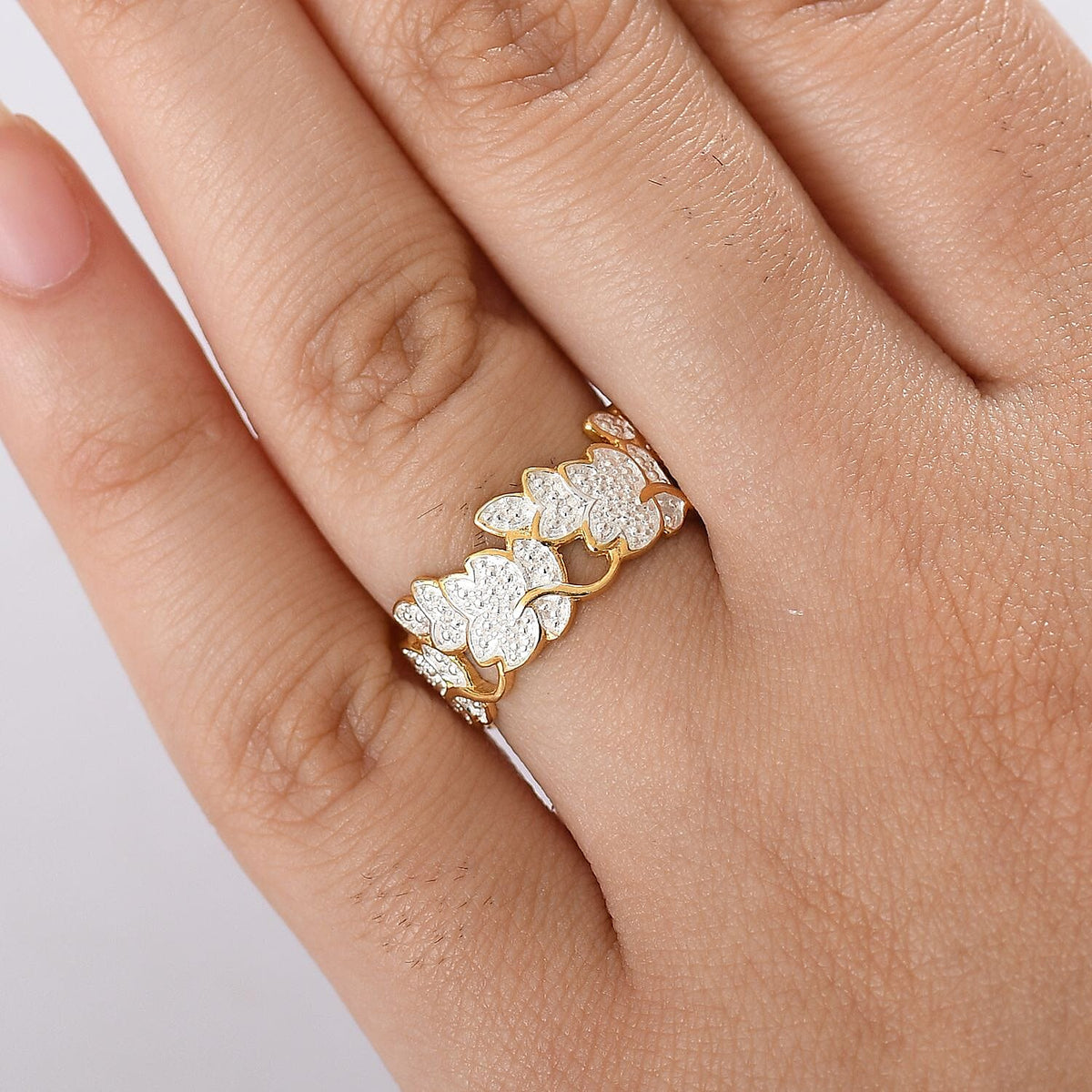 Natural White Diamond Floral Ring In Yellow Gold Plating V32701813 2