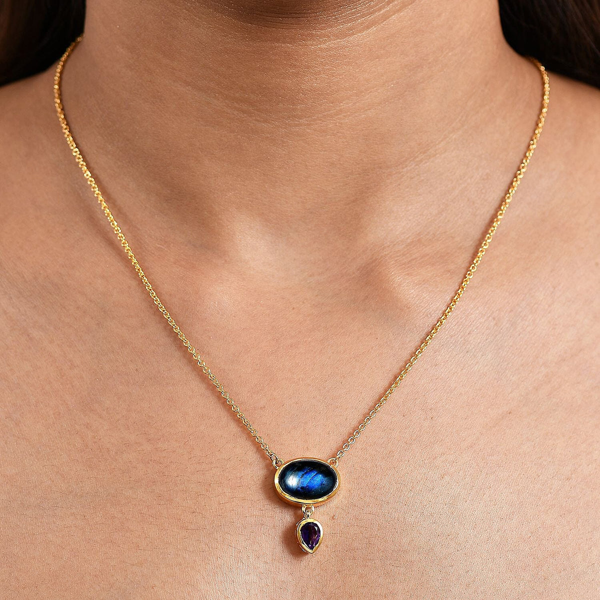 EverTrue Labradorite, African Amethyst Bohemian-Style Necklace (Size - 20) Pure Yellow Brass Mix Metal 6.64 Ct. 8261417 2