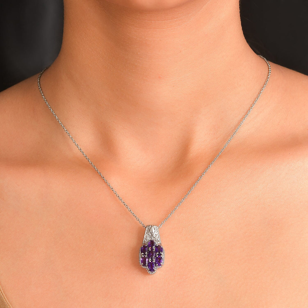 EverTrue Natural Zambian Amethyst Floral Cluster Pendant with Chain With Magnetic Clasp (Size 20) 3.00 Ct. V32520675 2