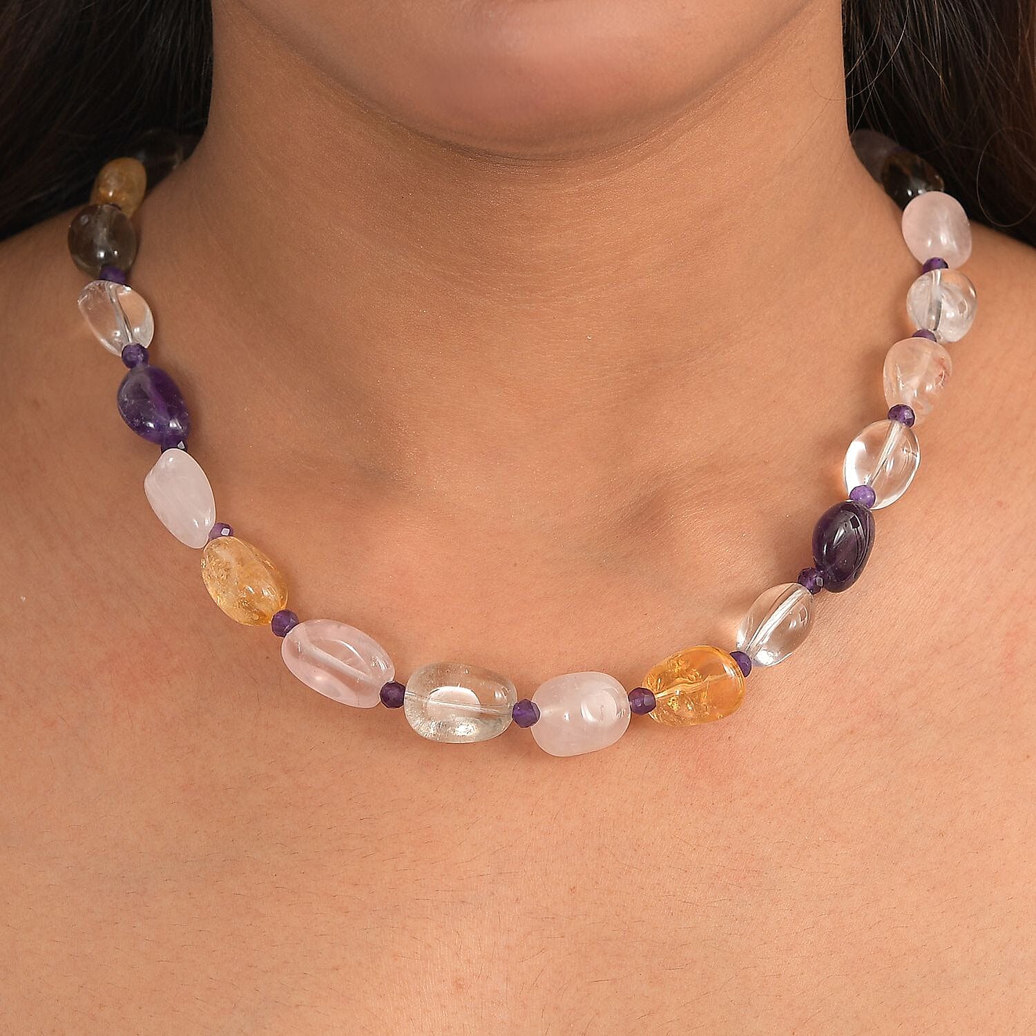 EverTrue African Amethyst &amp; Multi Gemstones Beads Necklace (Size 18 - 1 Ext) with Senorita Clasp in White Colour Tone 280.00 Ct. 8320414 2