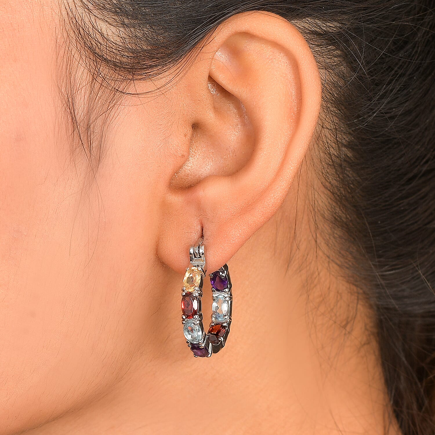 EverTrue - African Amethyst &amp; Multi Gemstones Half Hoop Earring with Clasp 7.26 Ct. 8478037 1