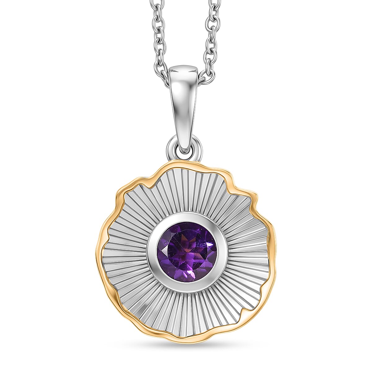 EverTrue - African Amethyst Solitaire Solar Ray Pendant with Chain (Size 20) in Yellow Pen Plating V32512290 0