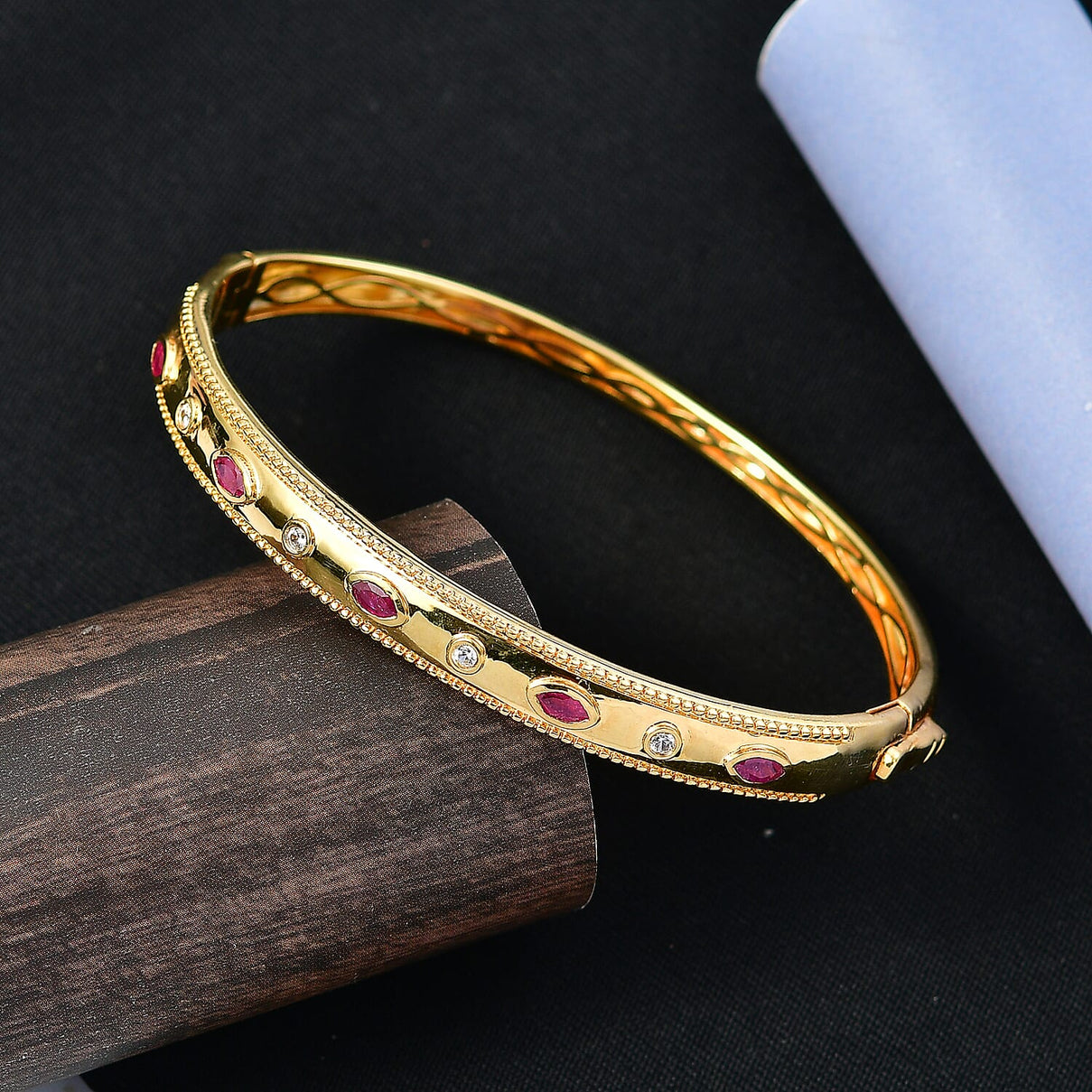 EverTrue African Ruby &amp; White Zircon Full Bangle (Size -7.5) in Yellow Gold Tone 1.29 Ct. 8297339 3