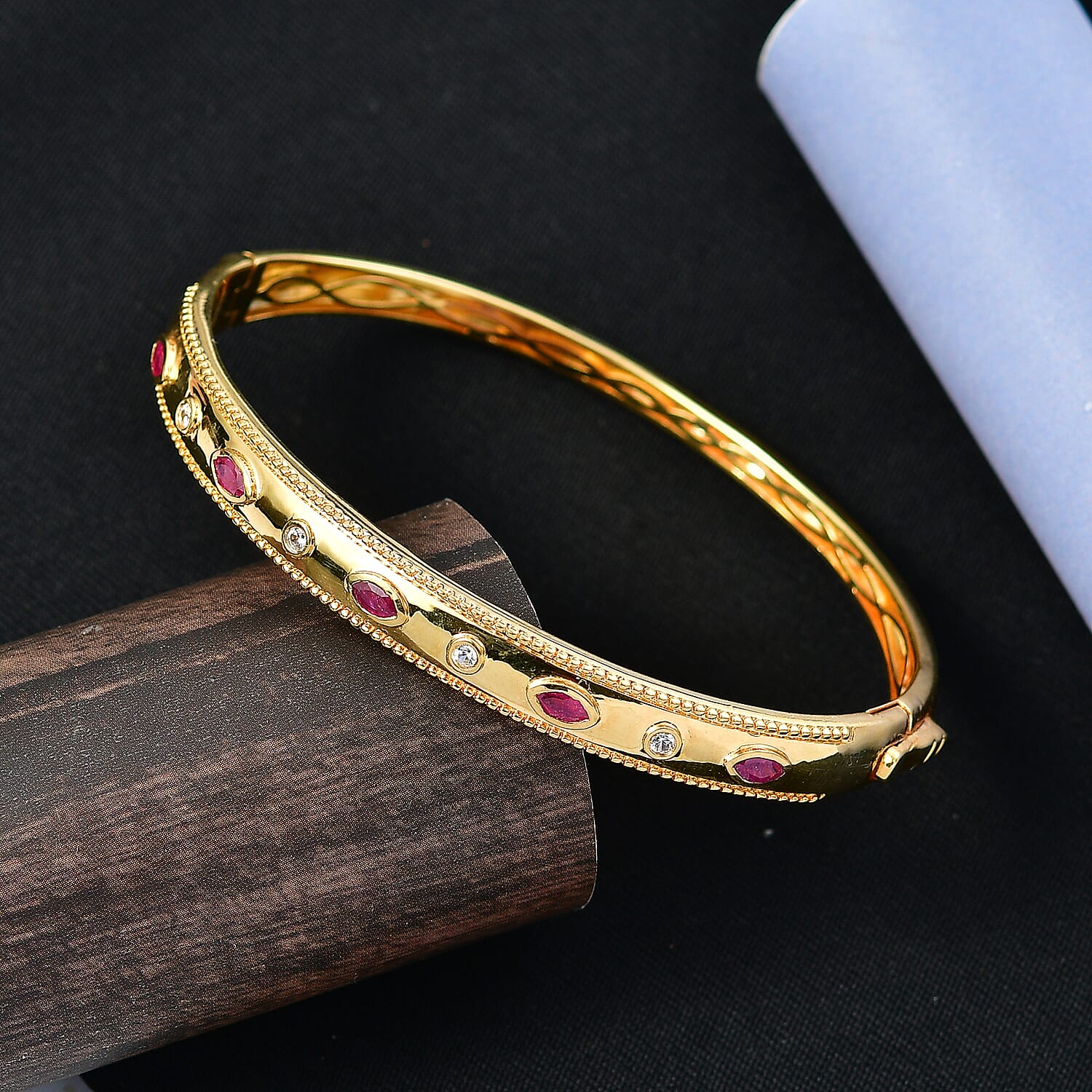 EverTrue African Ruby &amp; White Zircon Full Bangle (Size -7.5) in Yellow Gold Tone 1.29 Ct. 8297339 3