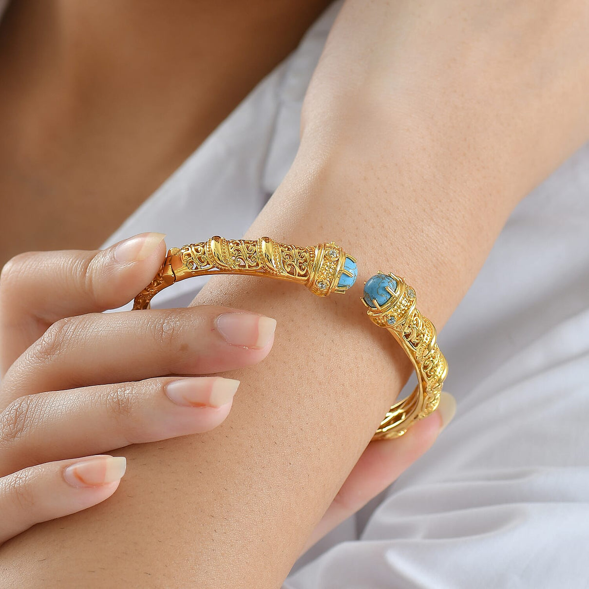 EverTrue Blue Turquoise, Blue Zircon Cuff Bangle (Size - 7.5) in Yellow Gold Plated 4.71 Ct. 8246070 3