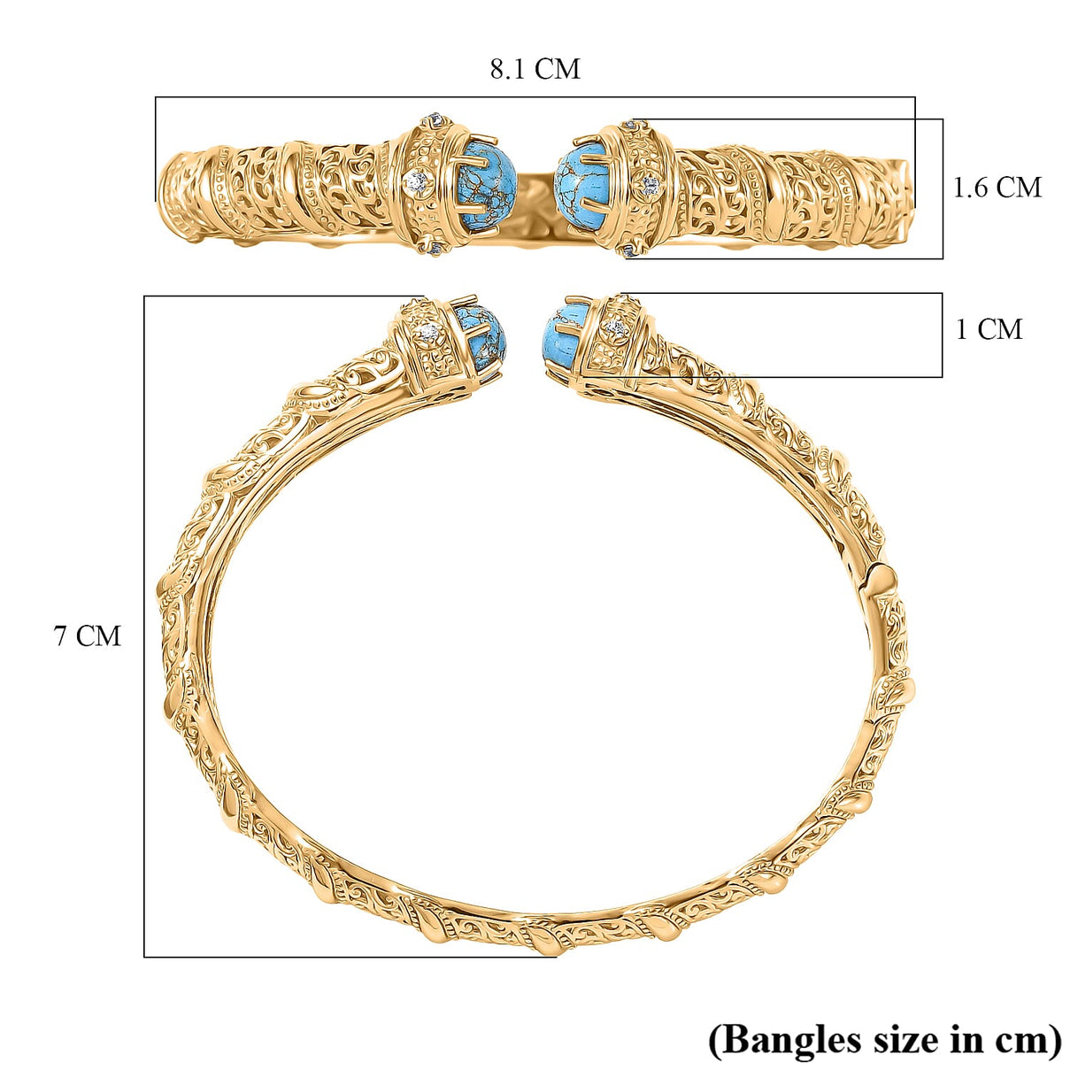 EverTrue Blue Turquoise, Blue Zircon Cuff Bangle (Size - 7.5) in Yellow Gold Plated 4.71 Ct. 8246070 6