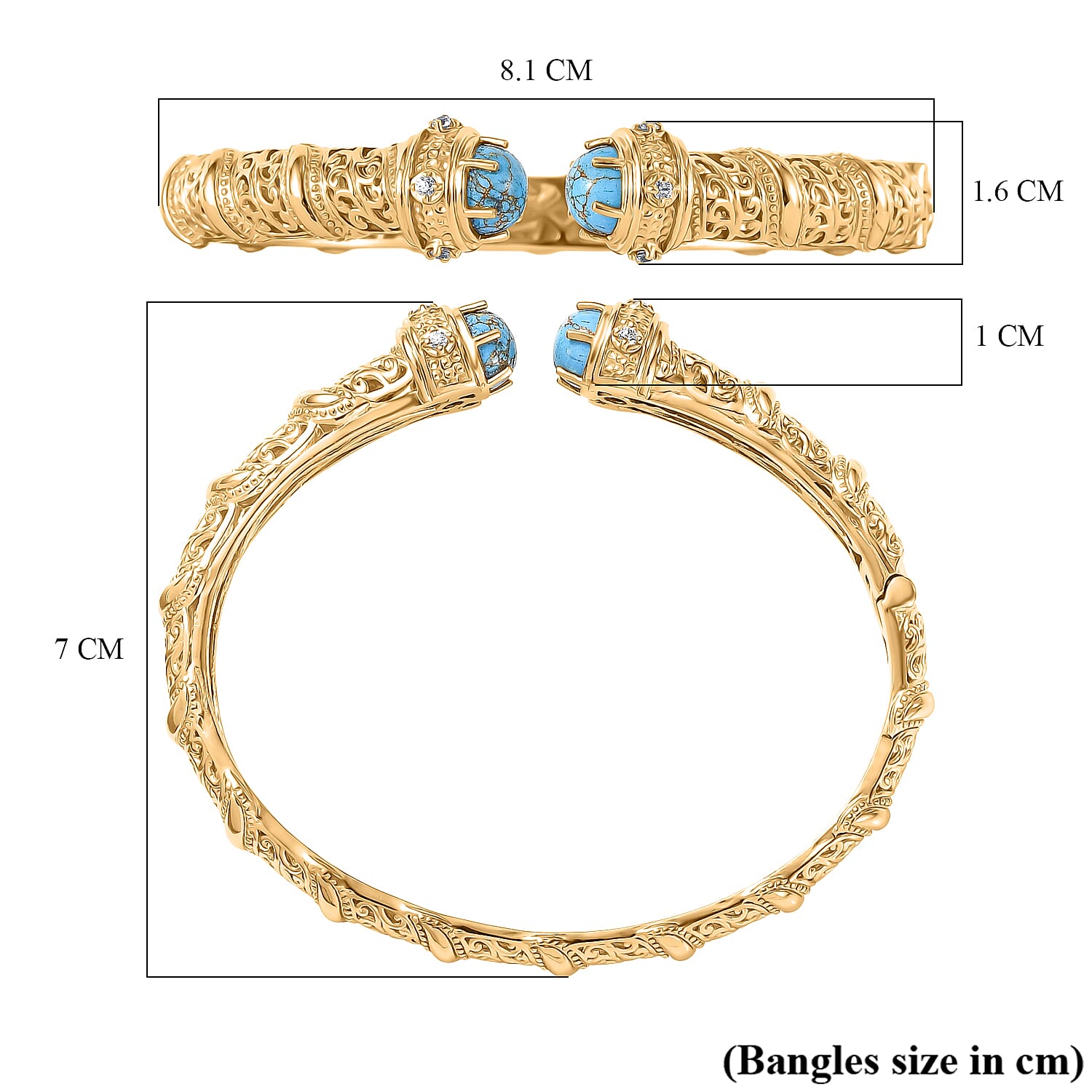 EverTrue Blue Turquoise, Blue Zircon Cuff Bangle (Size - 7.5) in Yellow Gold Plated 4.71 Ct. 8246070 6