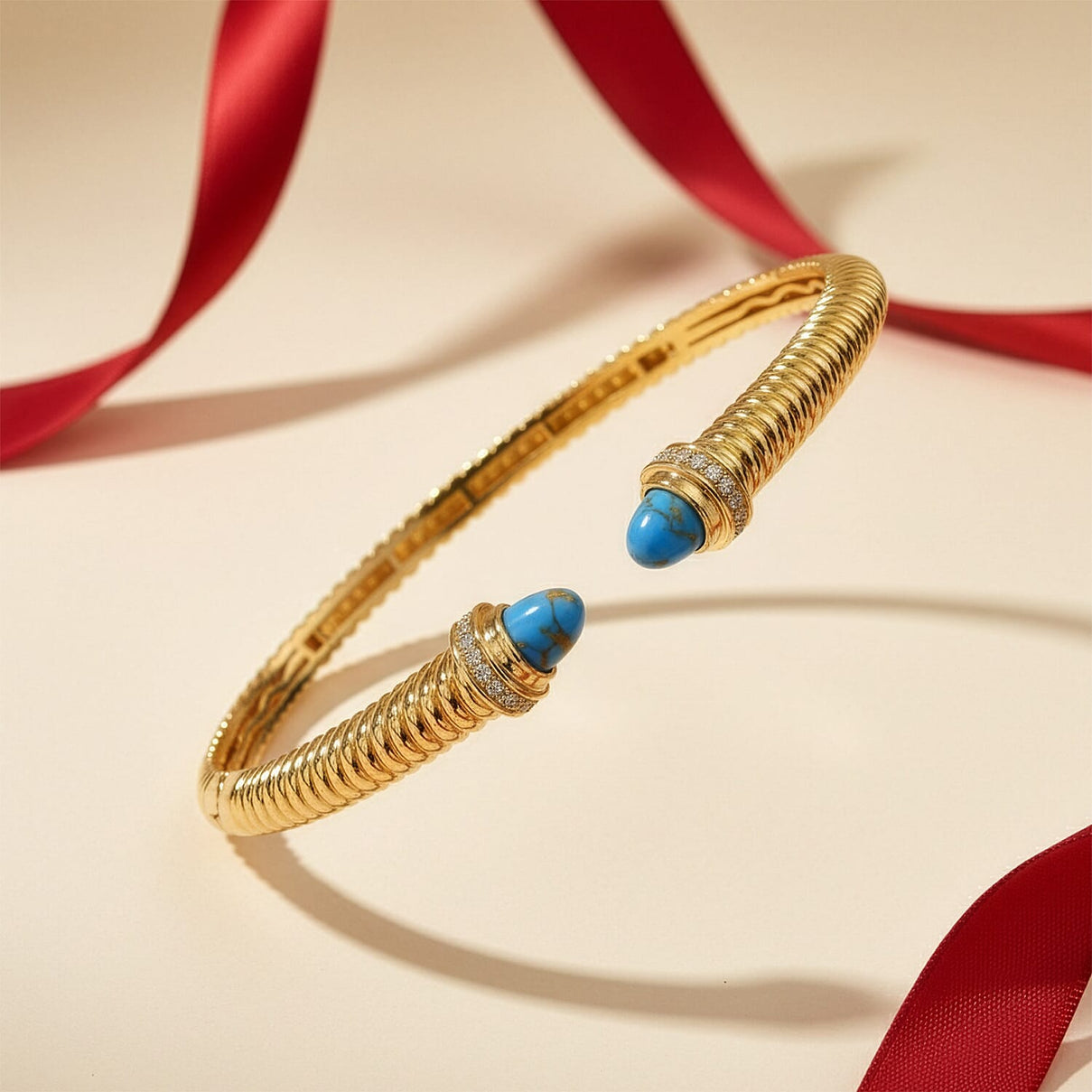 EverTrue Blue Turquoise &amp; White Cubic Zirconia Cuff Bangle (Size-7.5) in Yellow Gold Tone 3.61 Ct. 8296280 2