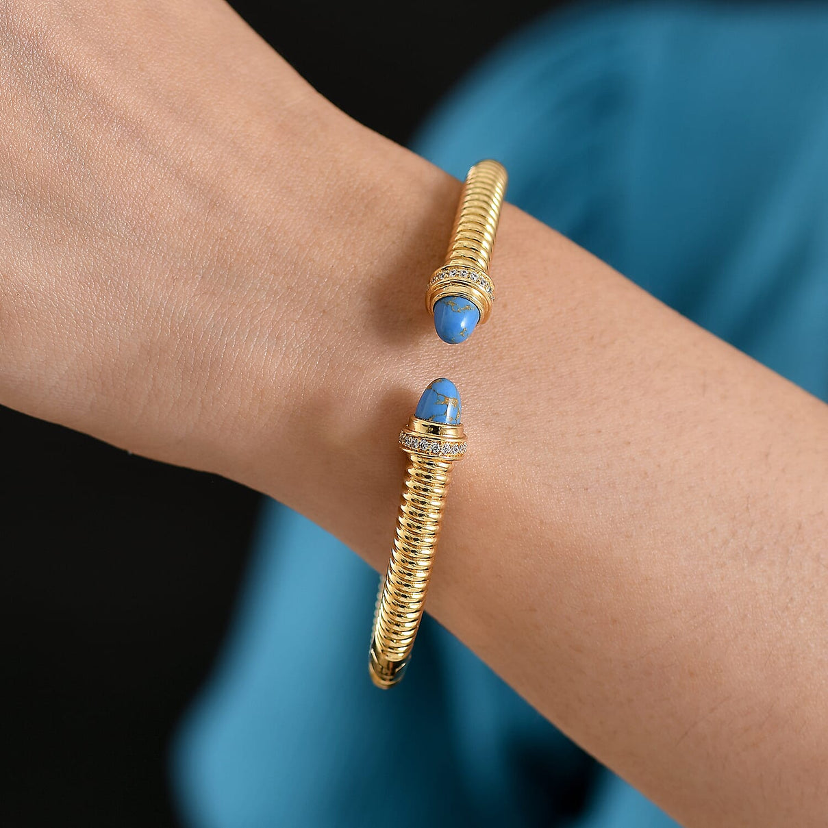 EverTrue Blue Turquoise &amp; White Cubic Zirconia Cuff Bangle (Size-7.5) in Yellow Gold Tone 3.61 Ct. 8296280 3